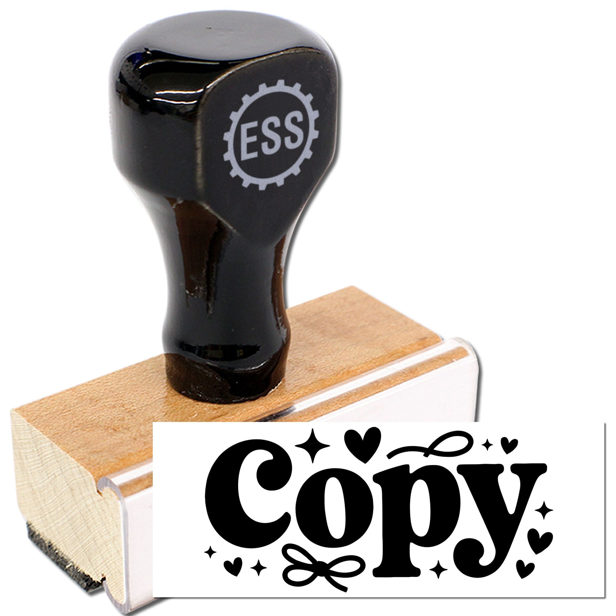 Black ESS rubber stamp with wooden base and decorative Copy seal in bold black on white.