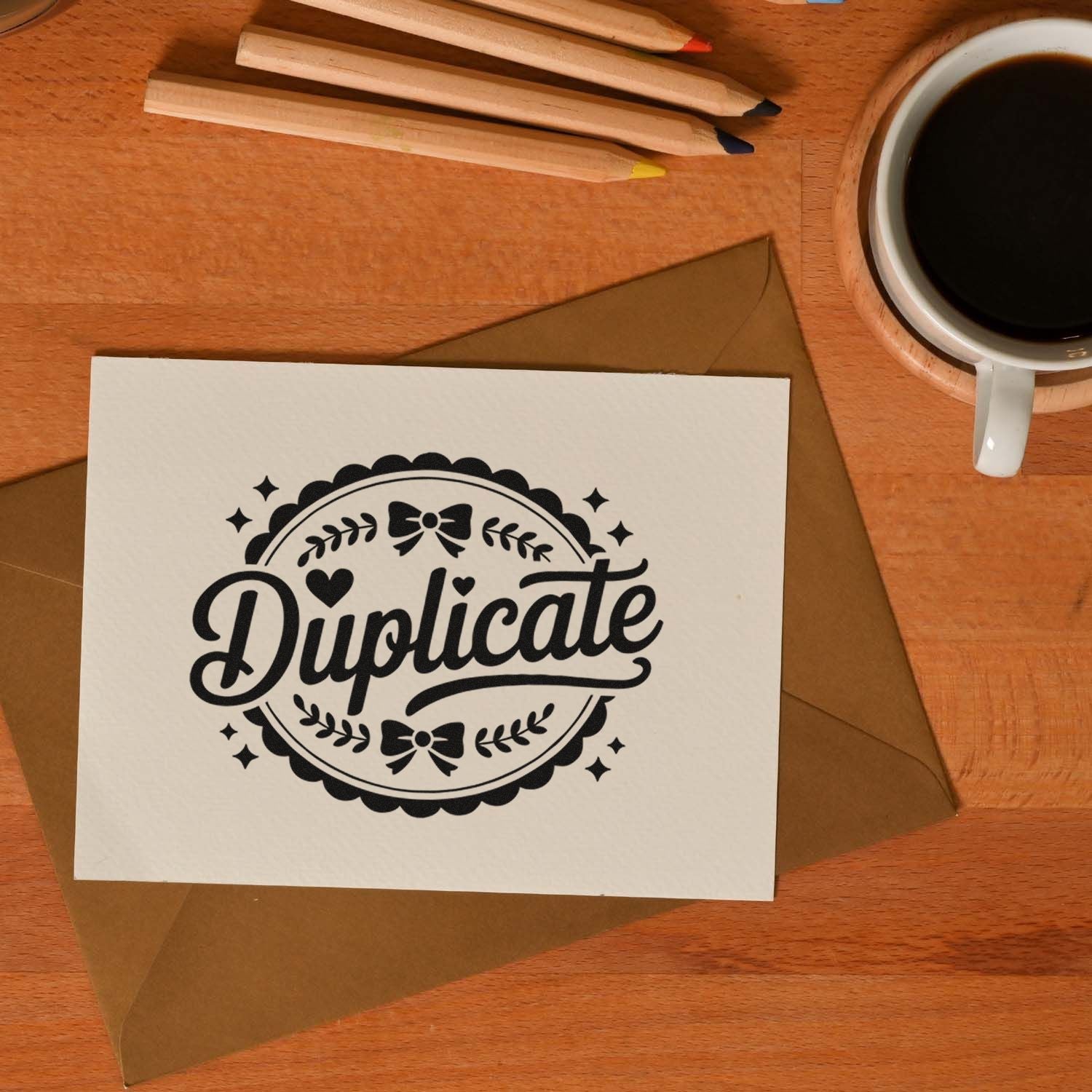 Black vintage duplicate stamp seal on white card over brown envelope, with coffee and colored pencils on a wooden desk.
