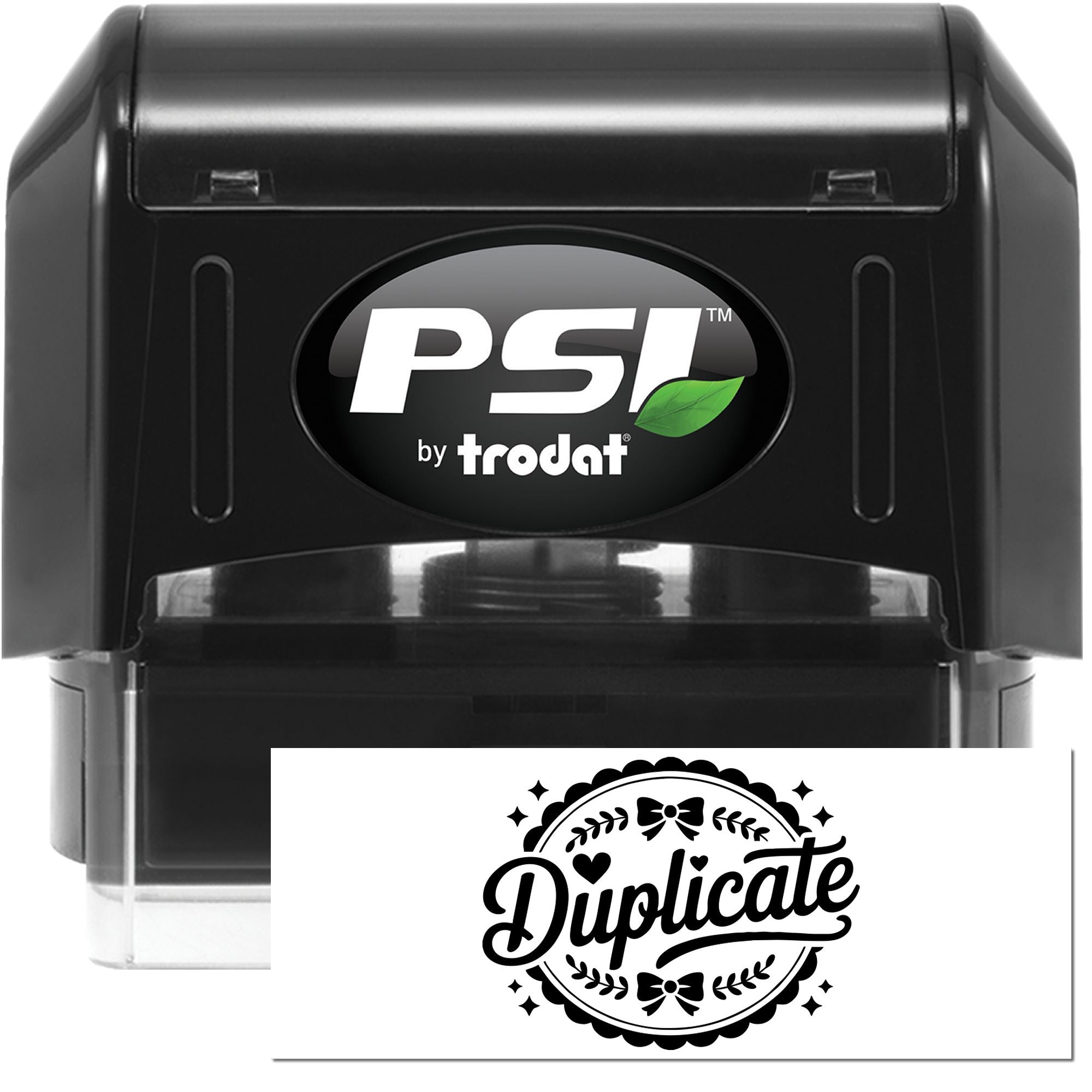 Black PSI by Trodat self-inking stamp in black with clear base and decorative Duplicate seal card shown below.