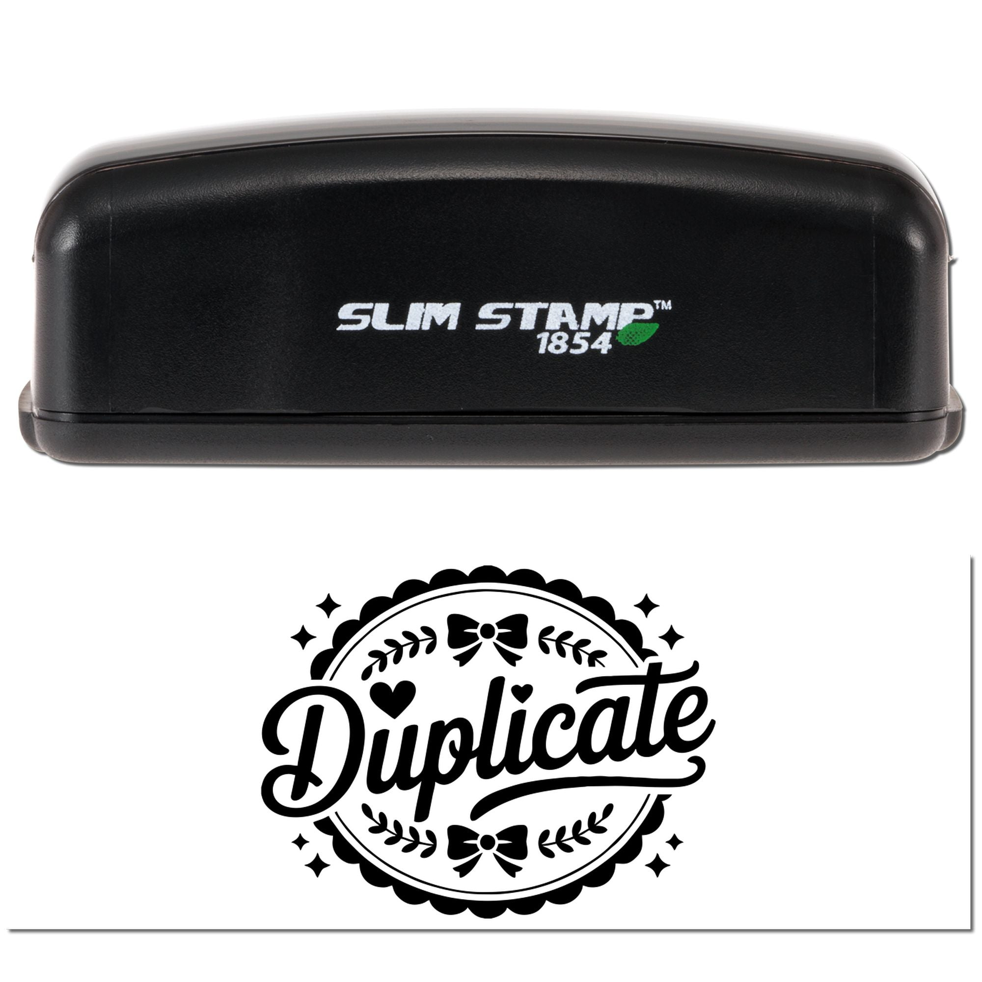 Black Slim Stamp 1854 stamp with decorative black Duplicate seal, bow, leaves, and hearts on white background.