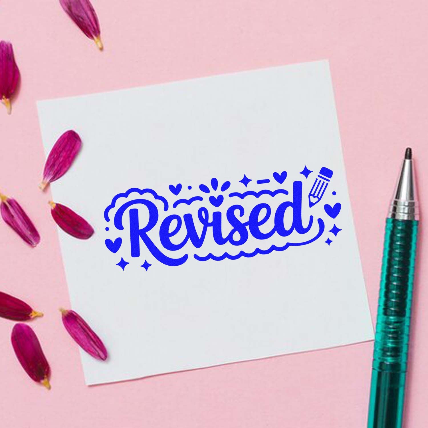 Blue Revised stamp and seal design on white paper, with hearts, stars, pink petals, and a teal pen on a pink background.