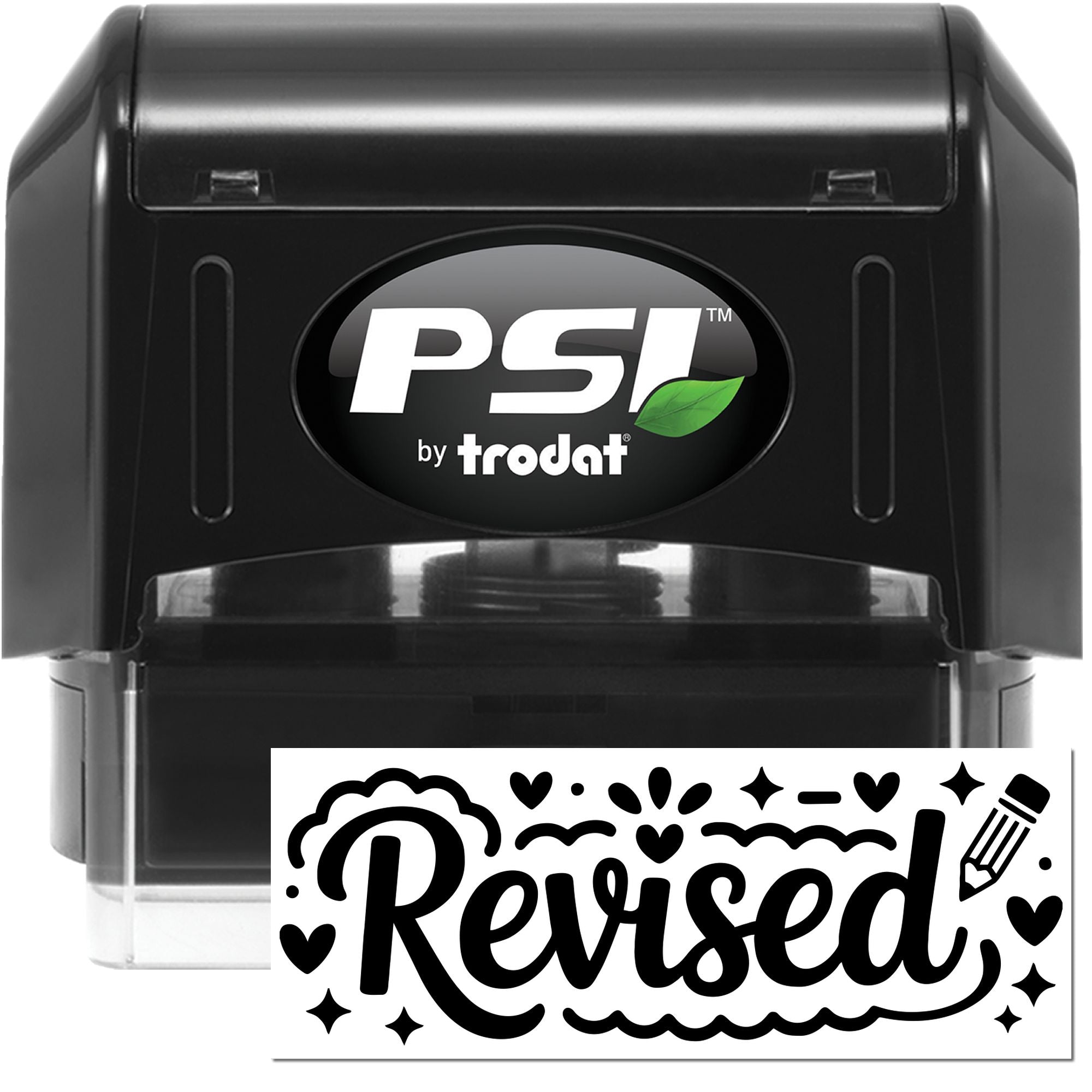 Black PSI by Trodat self-inking stamp with a white Revised seal impression and decorative hearts.