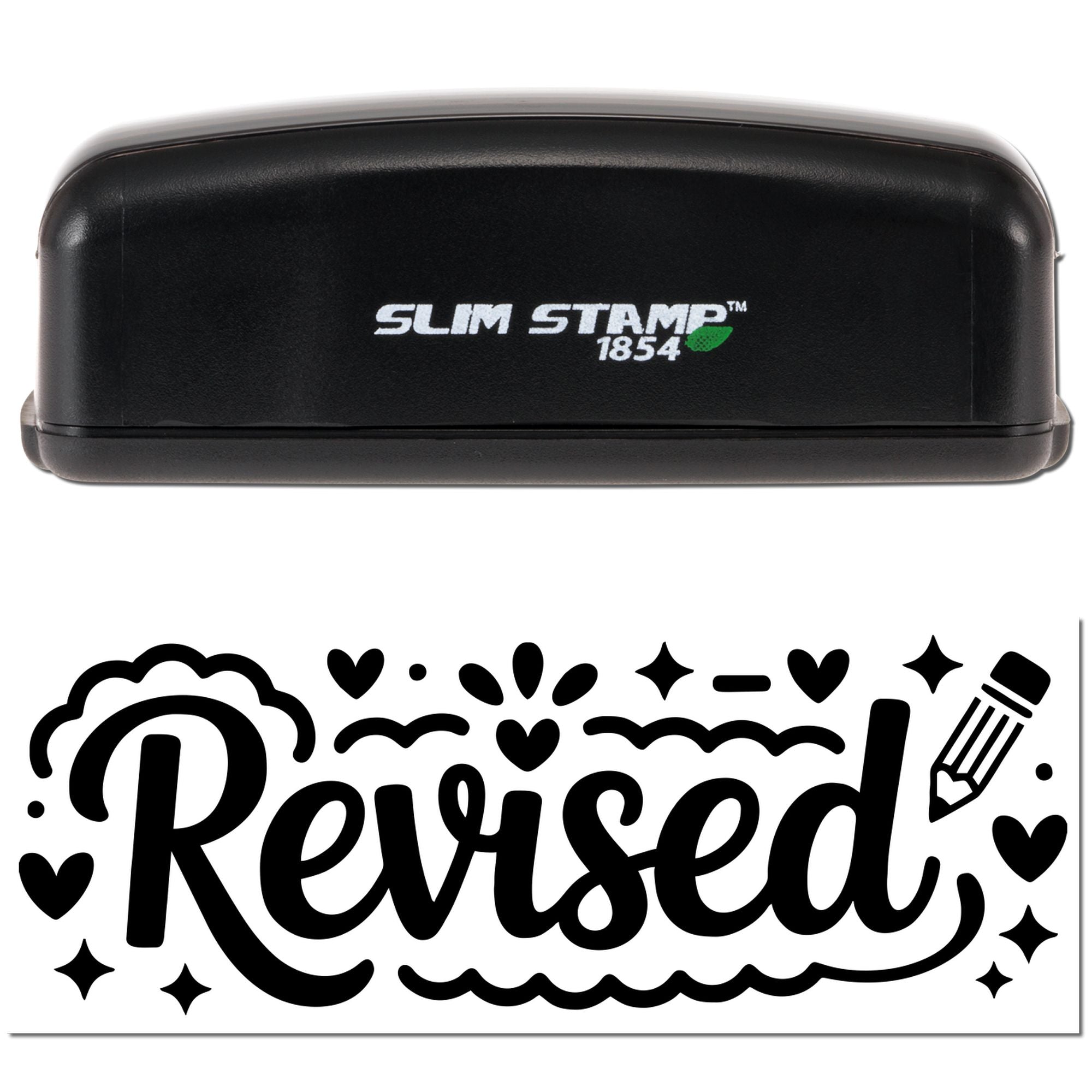 Black Slim Stamp 1854 stamp and seal products, with a bold black Revised seal design, hearts, stars, and pencil.