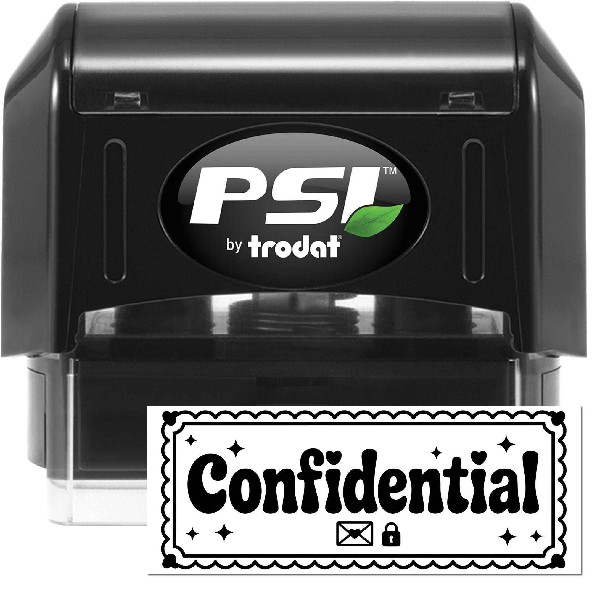 Black PSI by Trodat self-inking stamp and confidential seal, with white label, black border, envelope and lock icons.