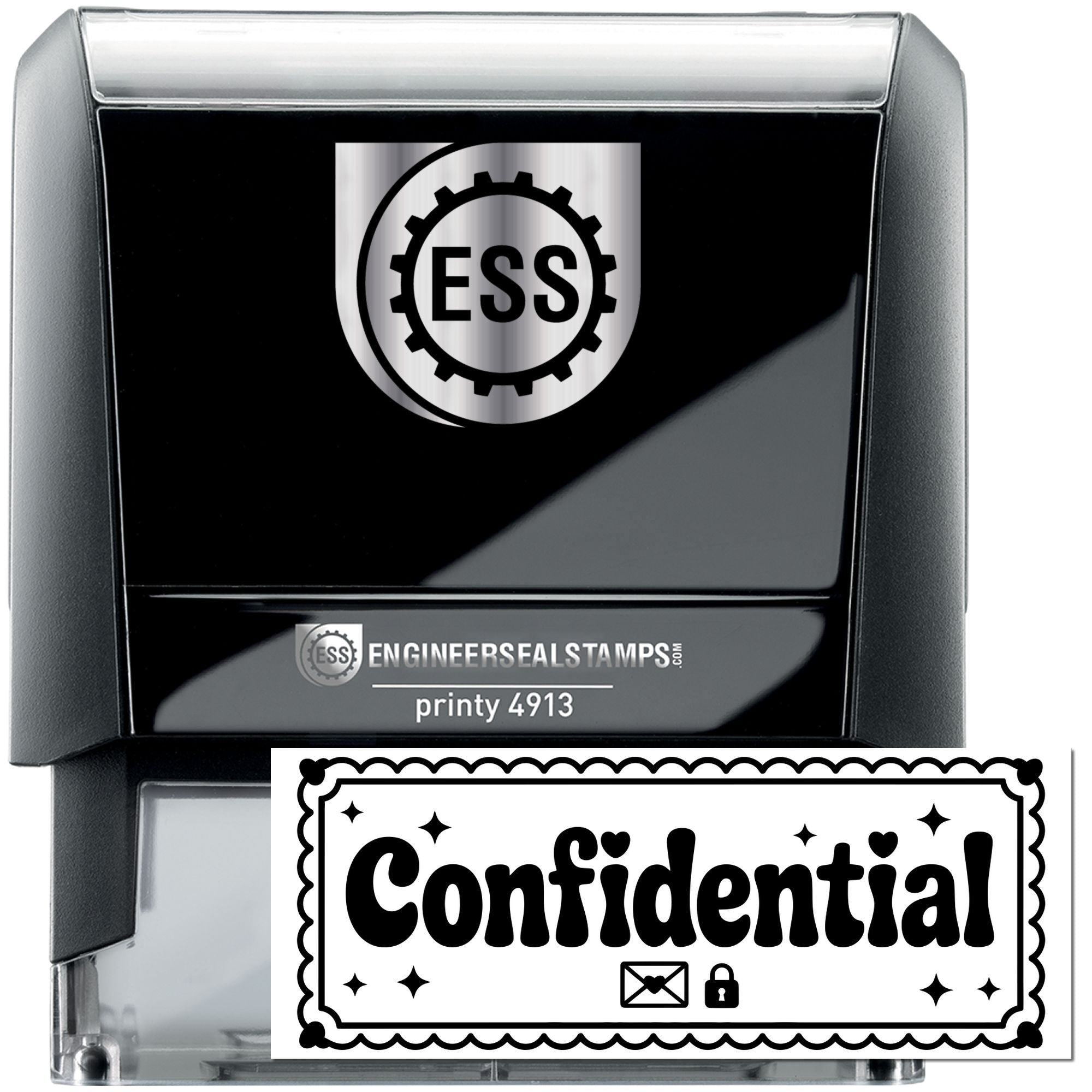 Black self-inking ESS stamp with silver accents and a Confidential seal design for document marking.