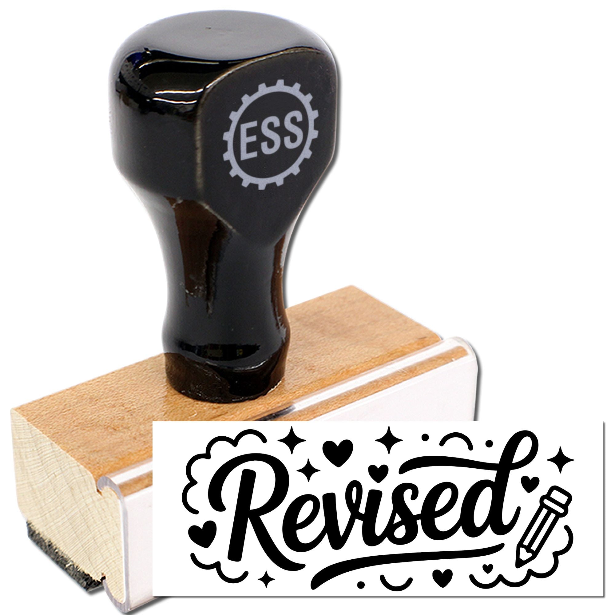 Black ESS stamp and seal with wooden base, showing a bold Revised imprint in black on white.