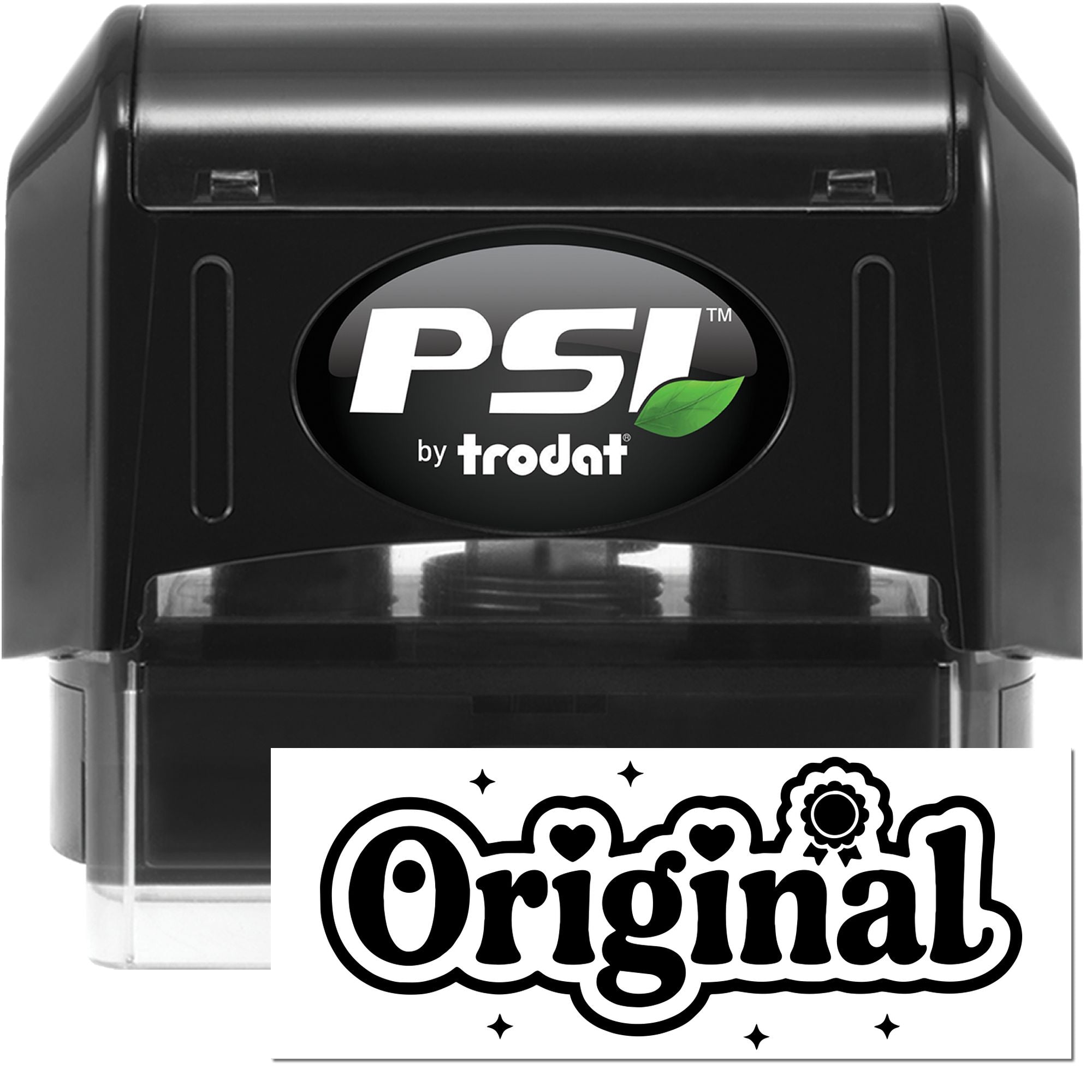 Black PSI by Trodat self-inking stamp, black body with green leaf logo, plus white Original seal sample in bold black text.