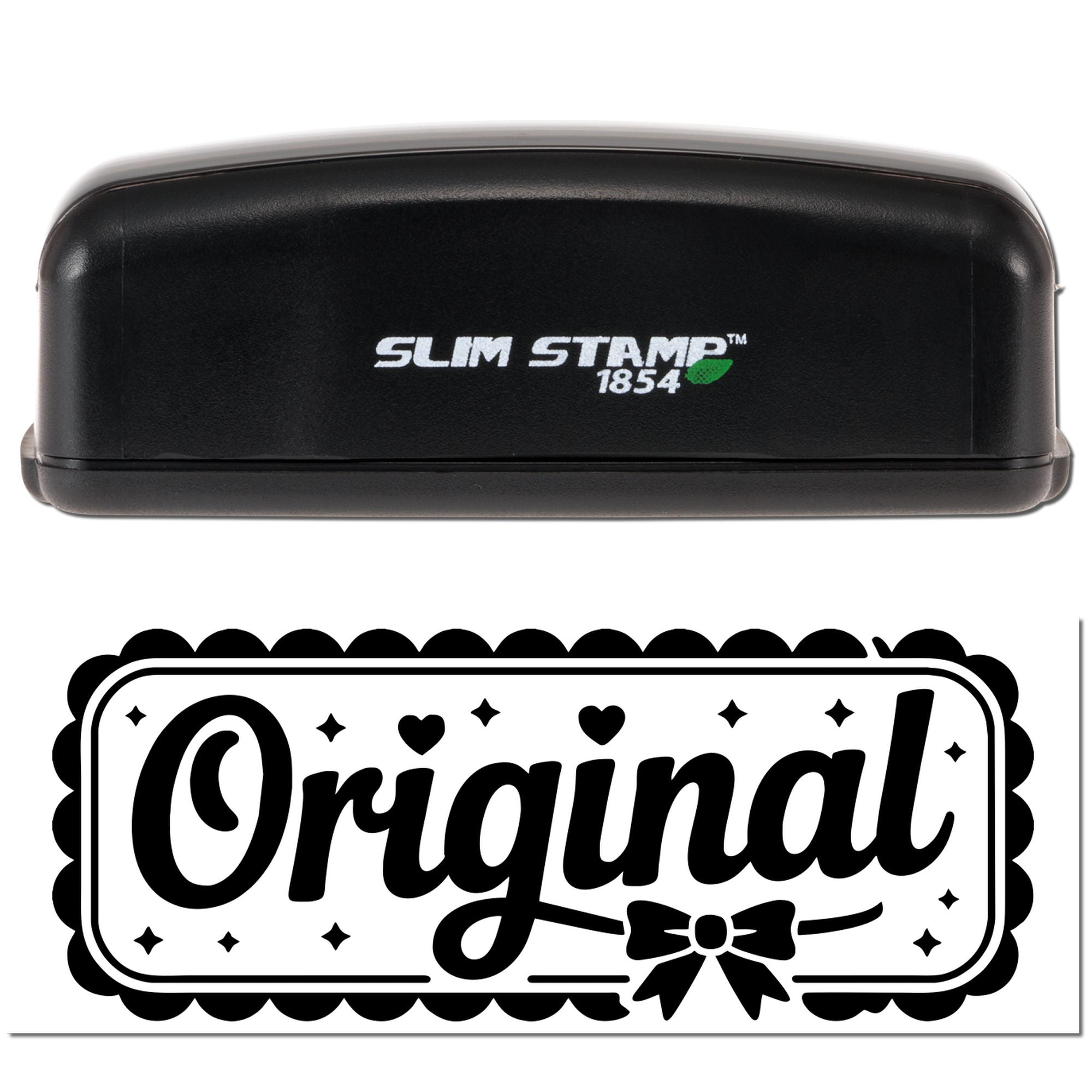 Black Slim Stamp 1854 stamp and seal set with white logo, green leaf accent, and decorative black-and-white Original seal.