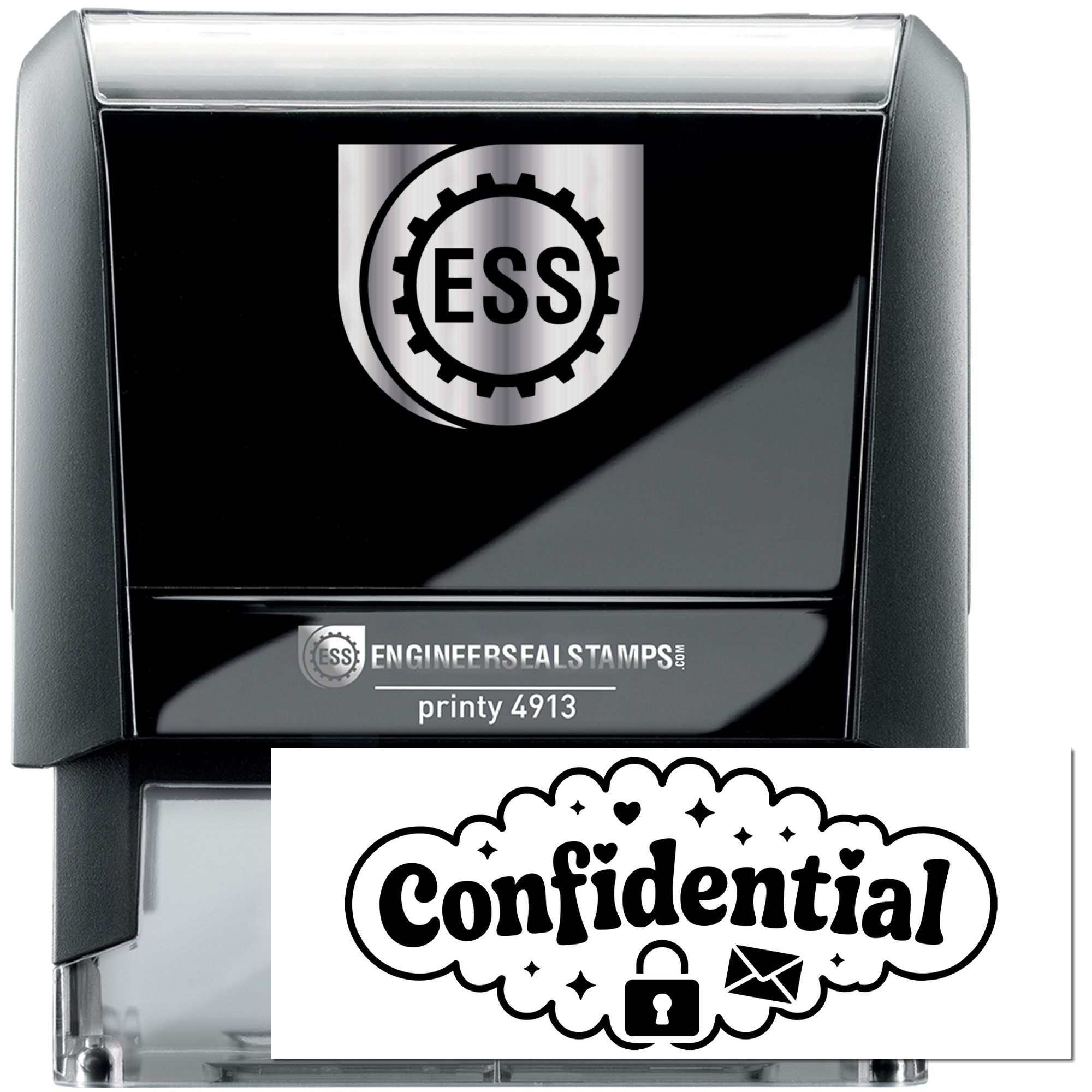 Black self-inking ESS stamp with silver accents and a white Confidential seal graphic featuring lock and envelope icons.