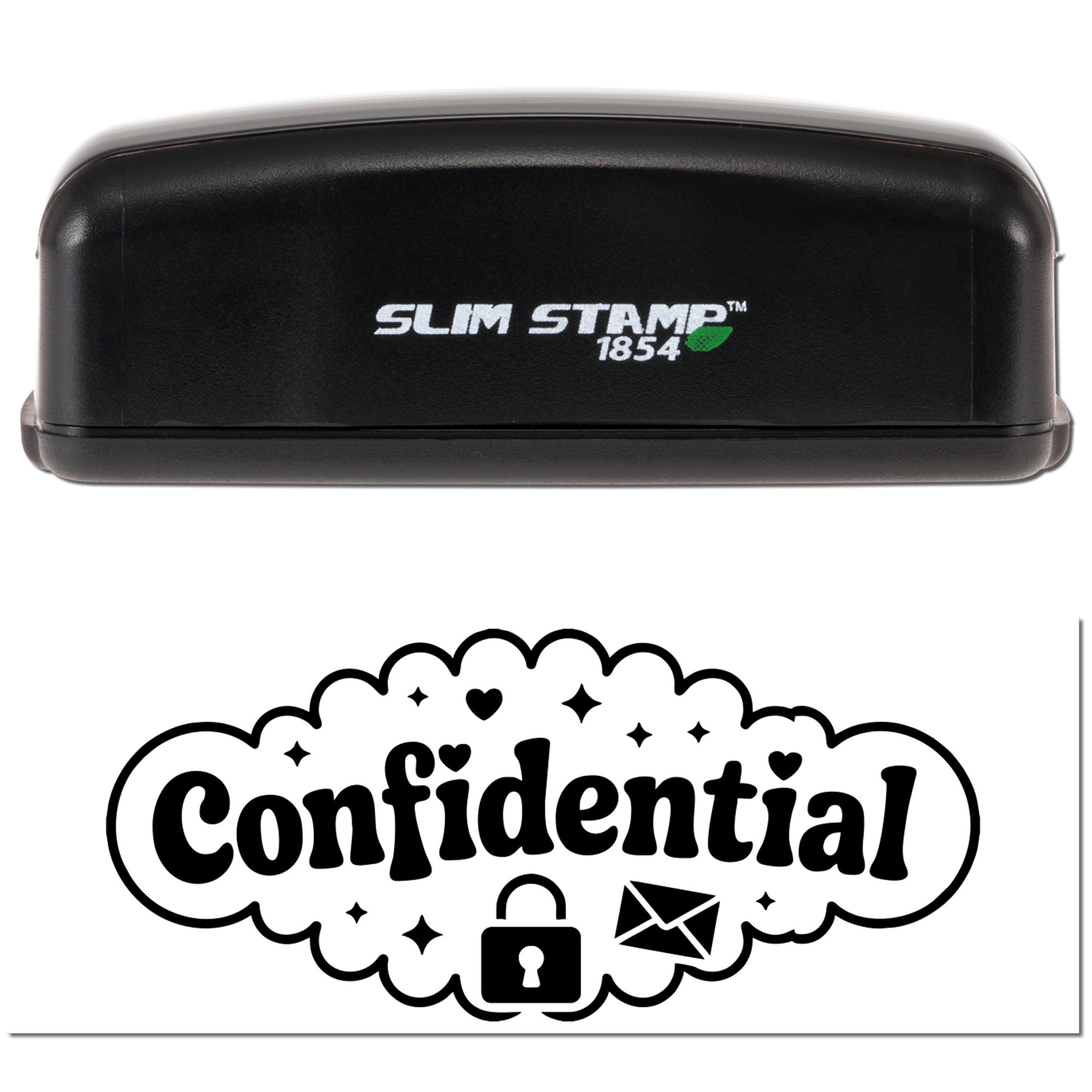 Black Slim Stamp 1854 confidential seal stamp with lock and envelope icon, shown on white background.
