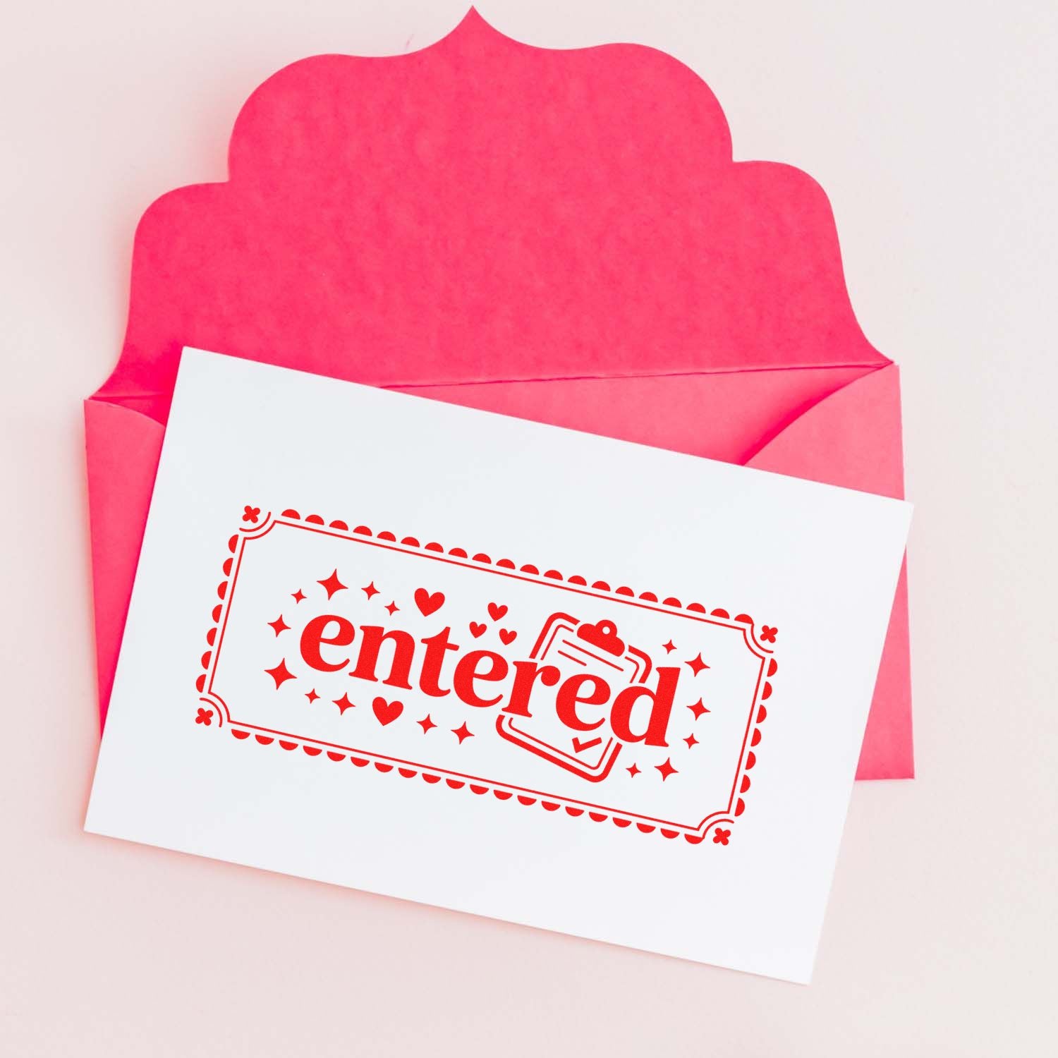 Pink envelope with white card featuring a red entered stamp seal, hearts, stars, and clipboard icon.