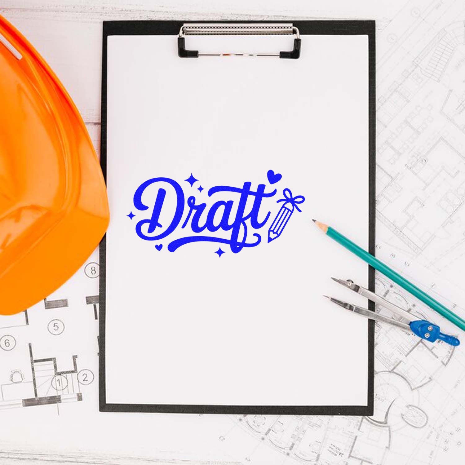 Blue Draft stamp seal on clipboard, with orange hard hat, pencils, and architectural plans.