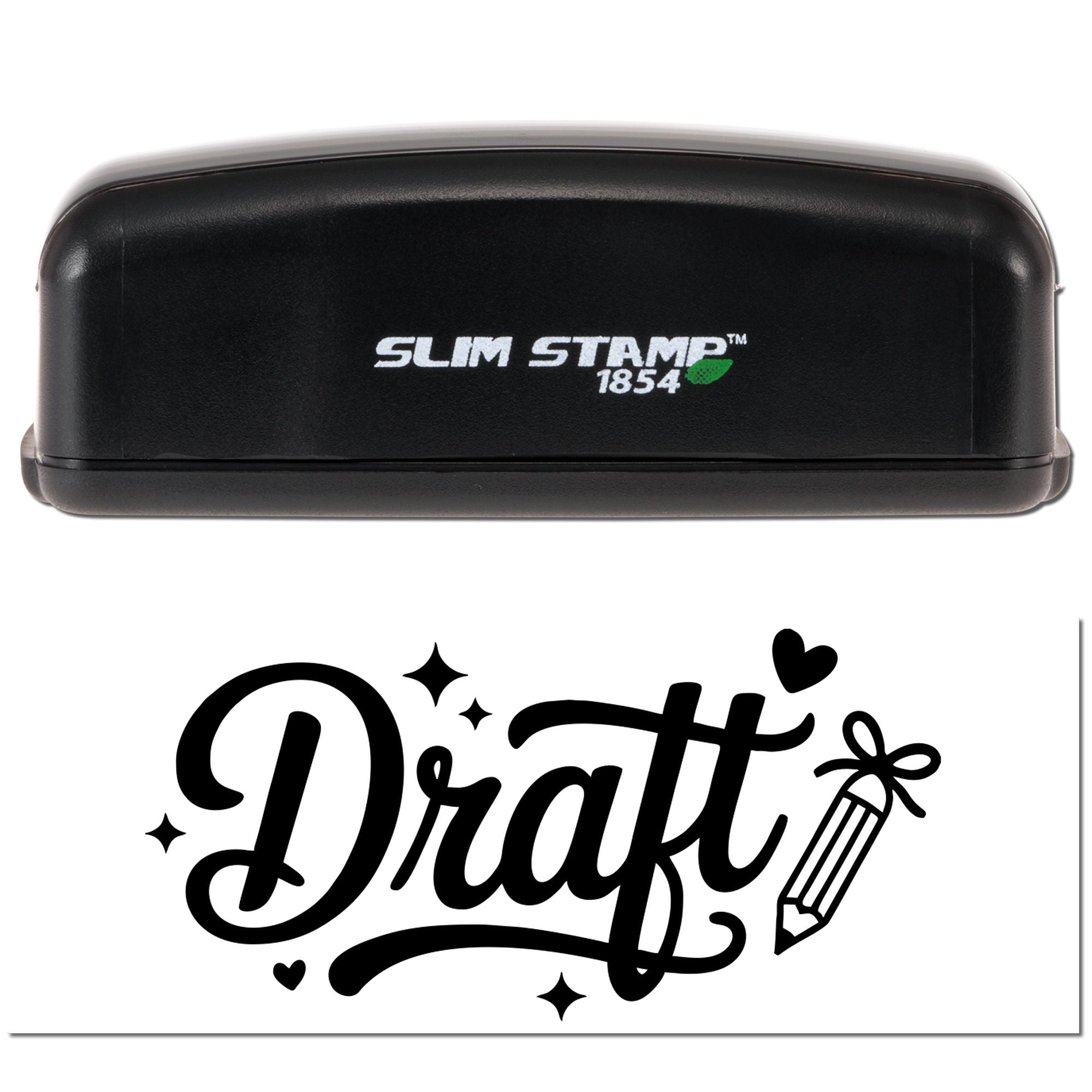 Black Slim Stamp 1854 stamp and seal set with Draft script, pencil icon, hearts and sparkles on a white background.