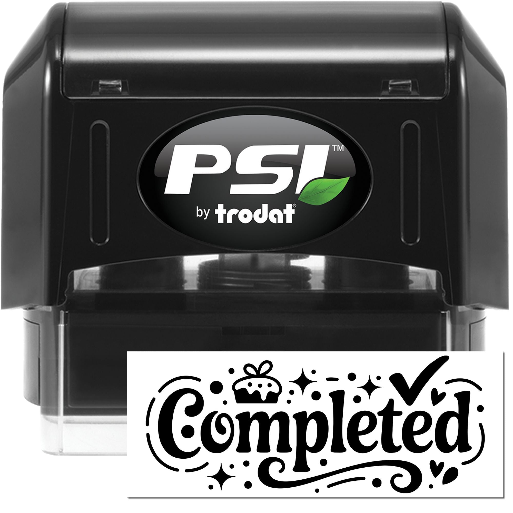 Black self-inking PSI by Trodat stamp and seal with green leaf logo, showing a Completed imprint.