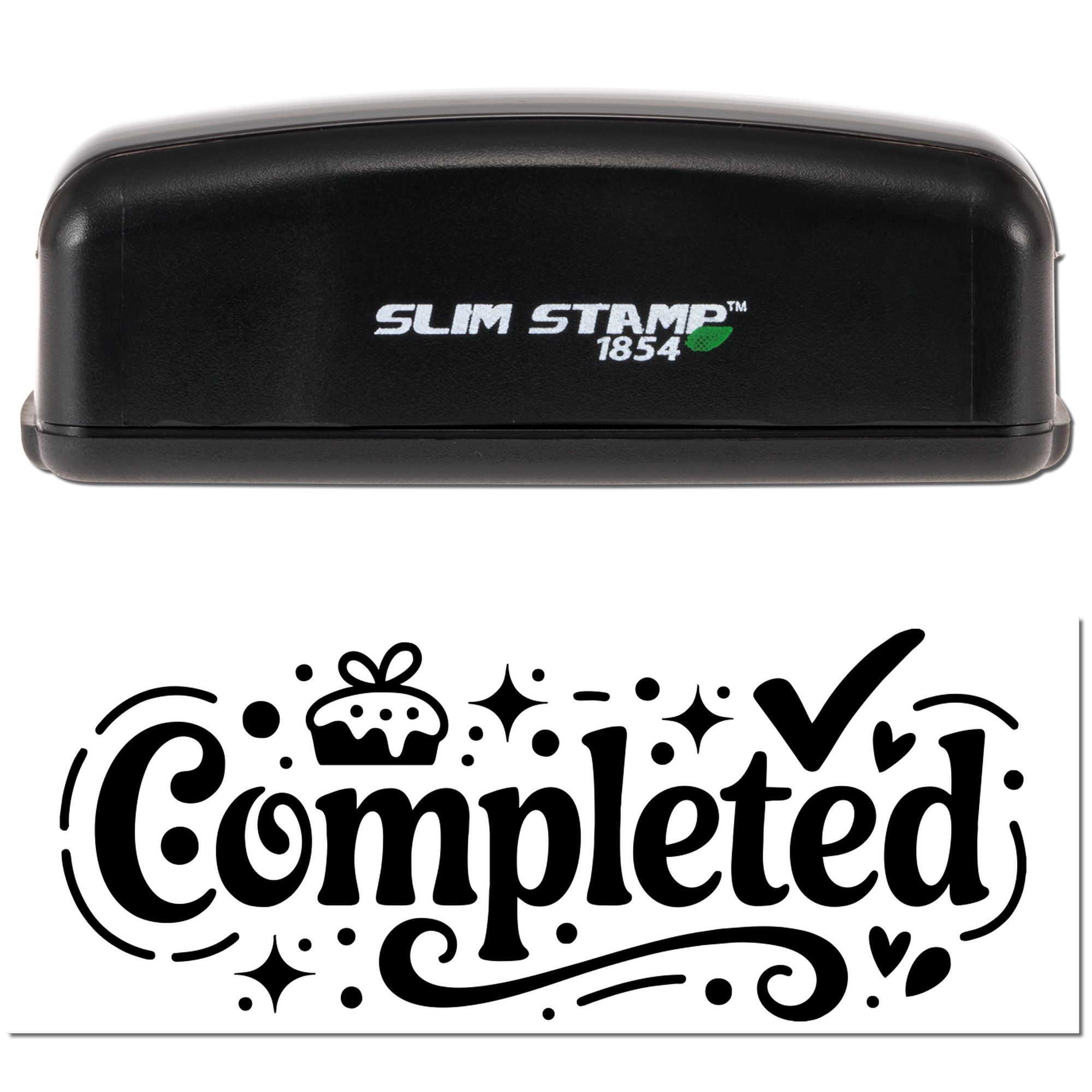 Black Slim Stamp 1854 self-inking stamp with green leaf logo and bold black Completed seal design on white background.
