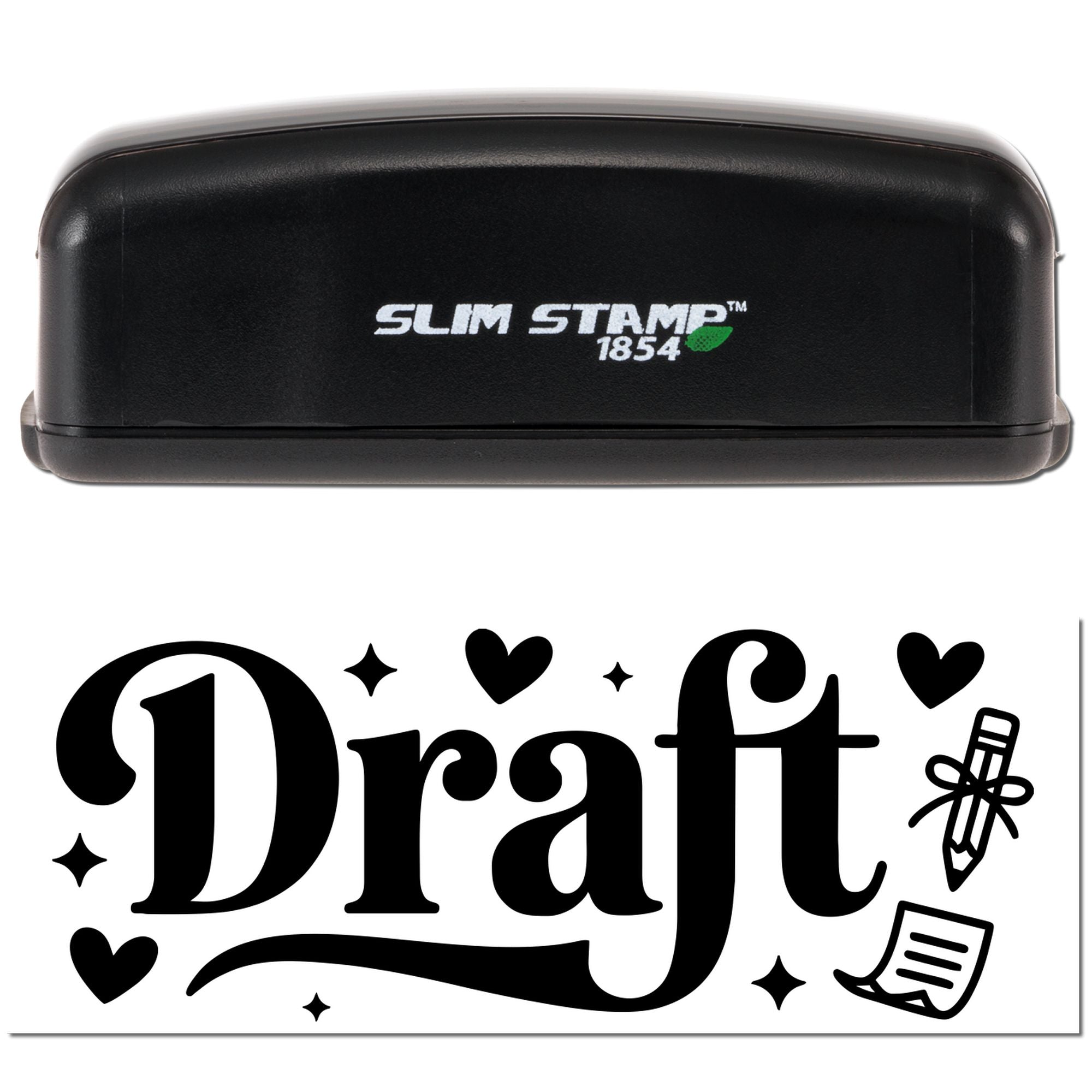 Black Slim Stamp 1854 embossing seal with white Draft design, hearts, stars, and pencil icons on a white background.