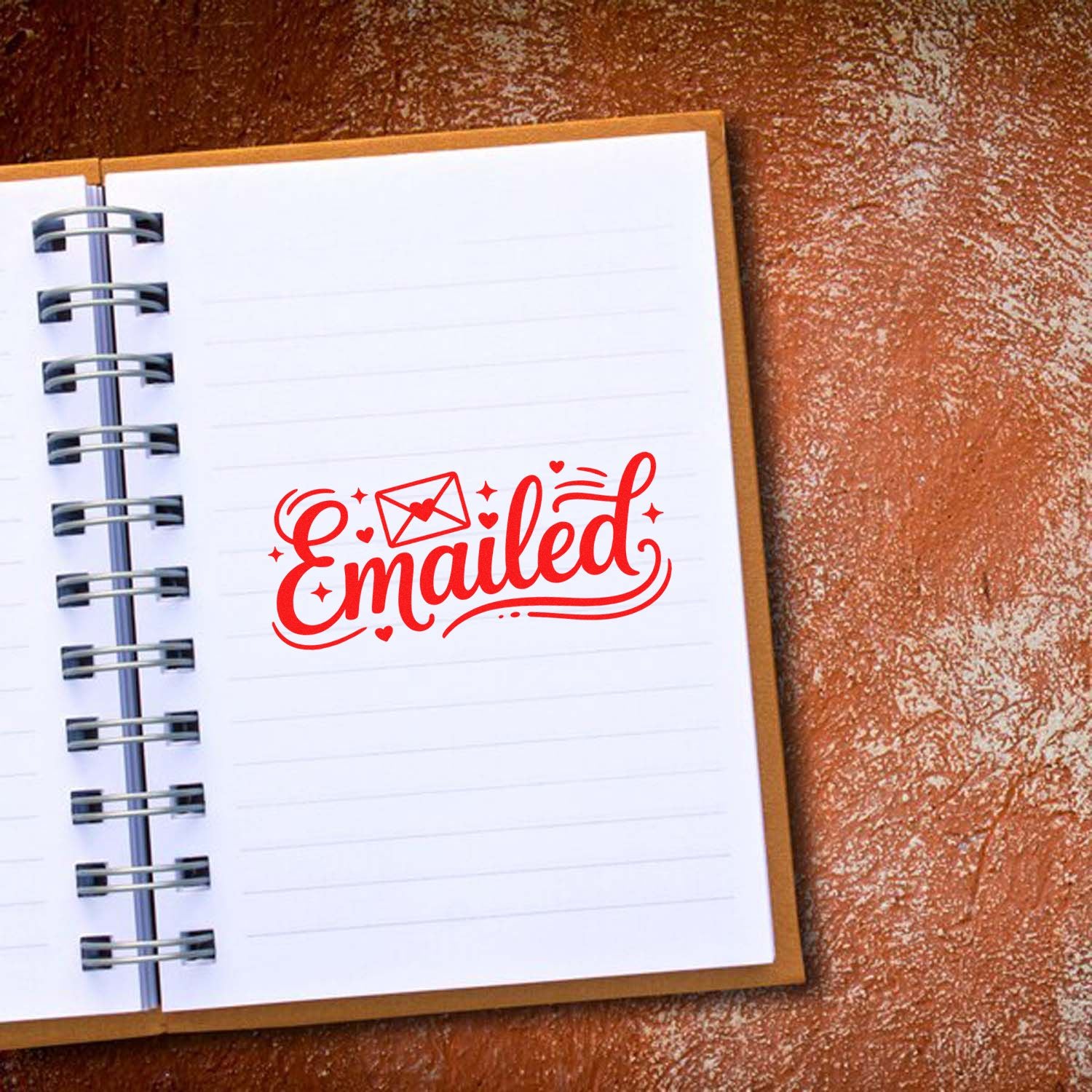 Red Emailed stamp seal with envelope icon on a white spiral notebook over a brown textured background.