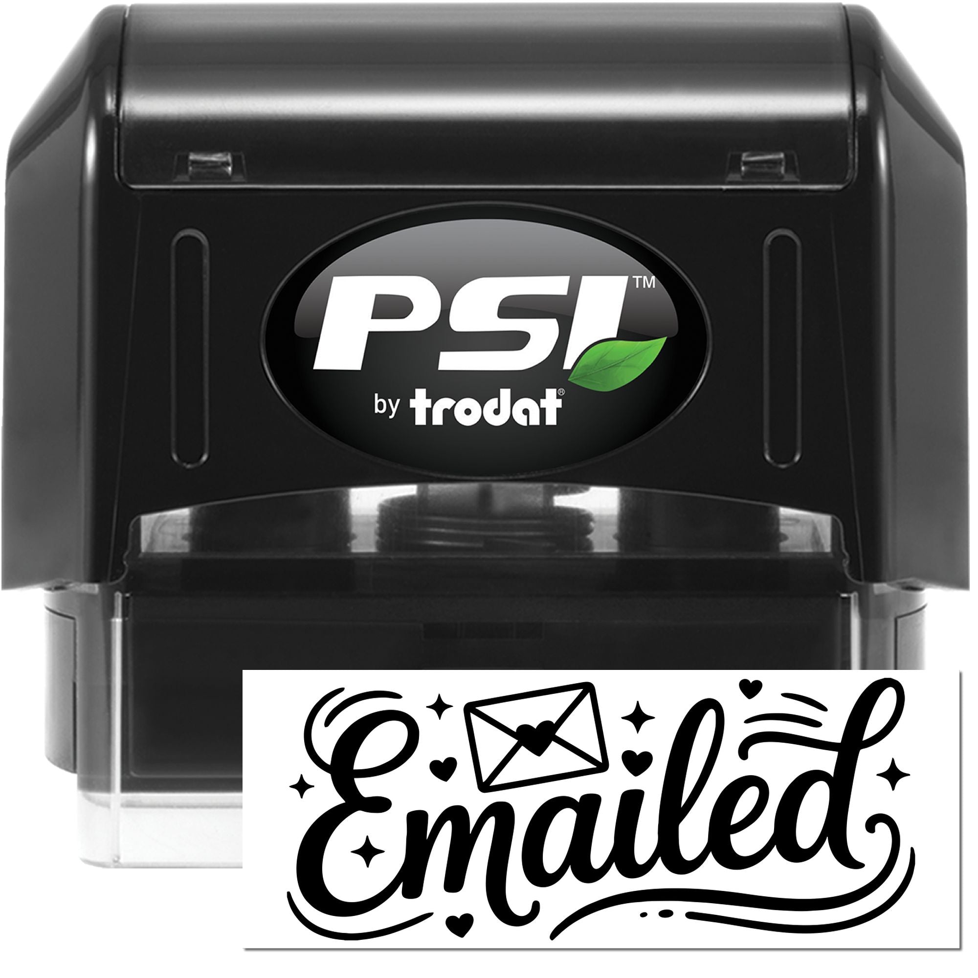 Black PSI by Trodat self-inking stamp and seal with Emailed design, green leaf logo, and clear base.