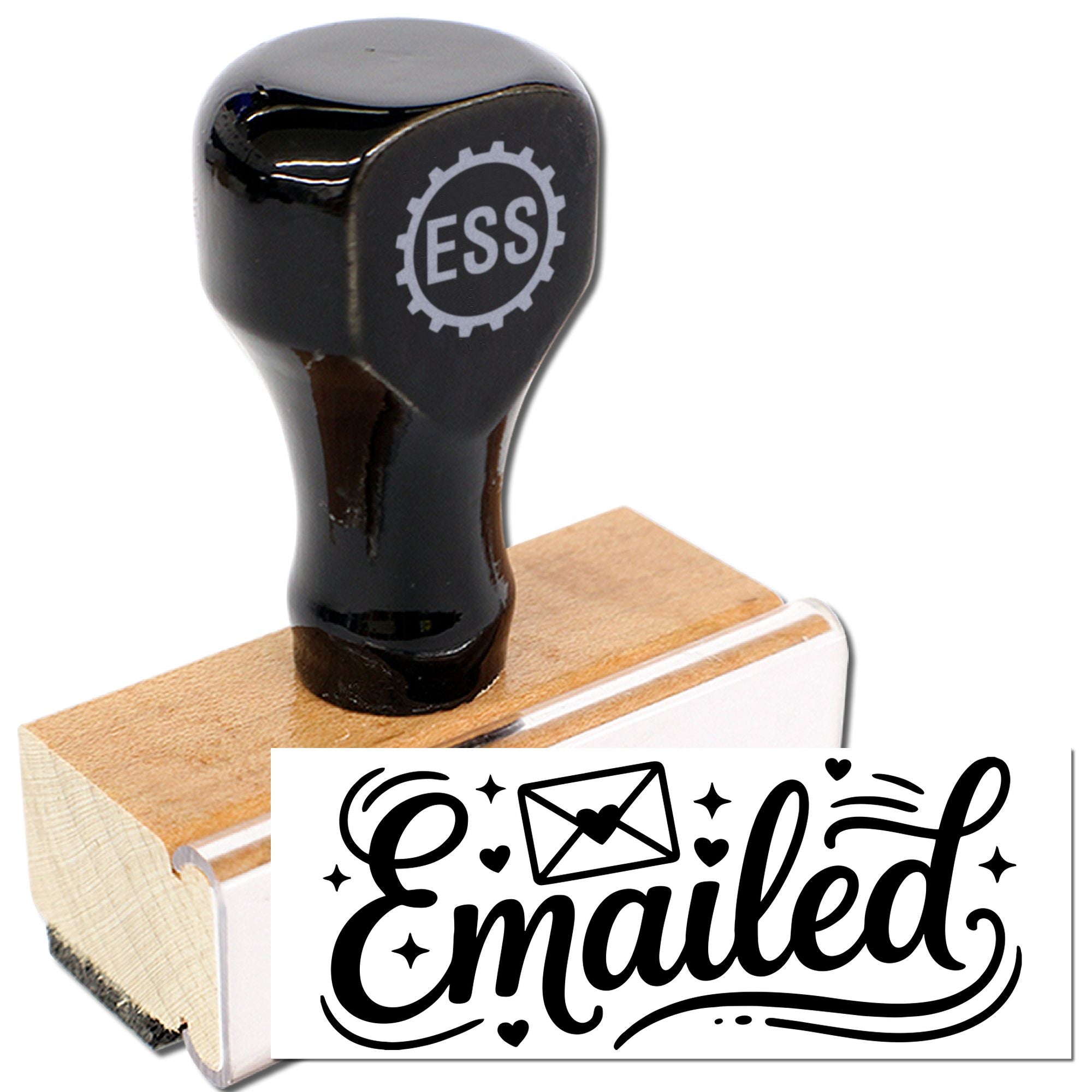 Black custom stamp with ESS emblem on a wooden handle, beside a white Emailed seal design.