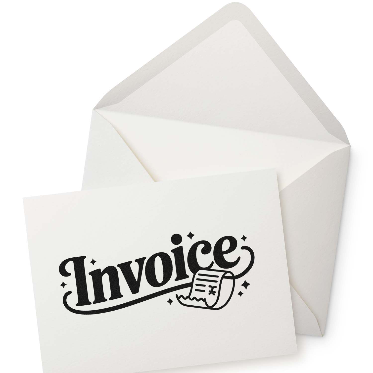 White envelope and card with black invoice stamp and seal design, plus receipt icon.