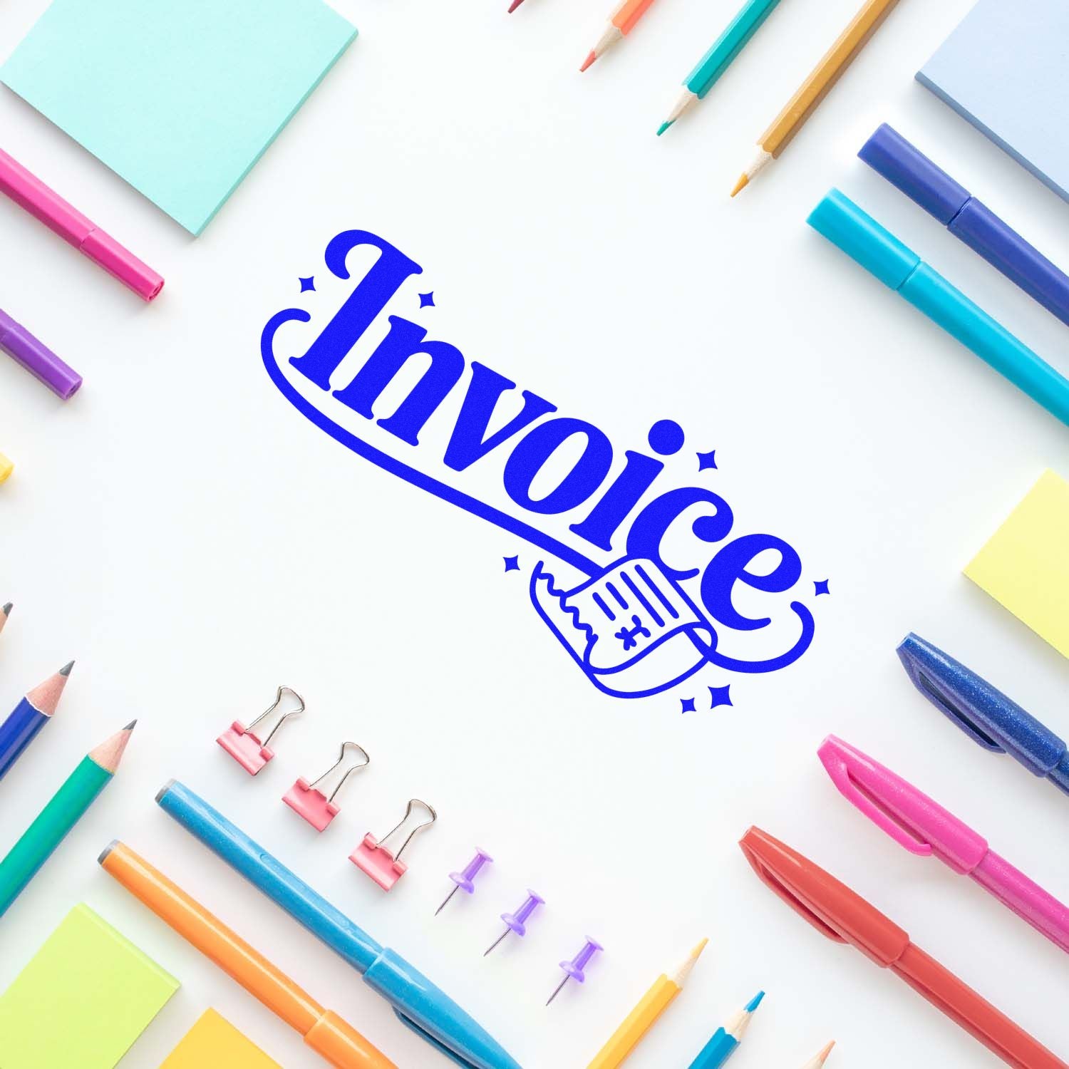 Blue invoice stamp-and-seal design with colorful pens, pencils, binder clips, and sticky notes on a white background.