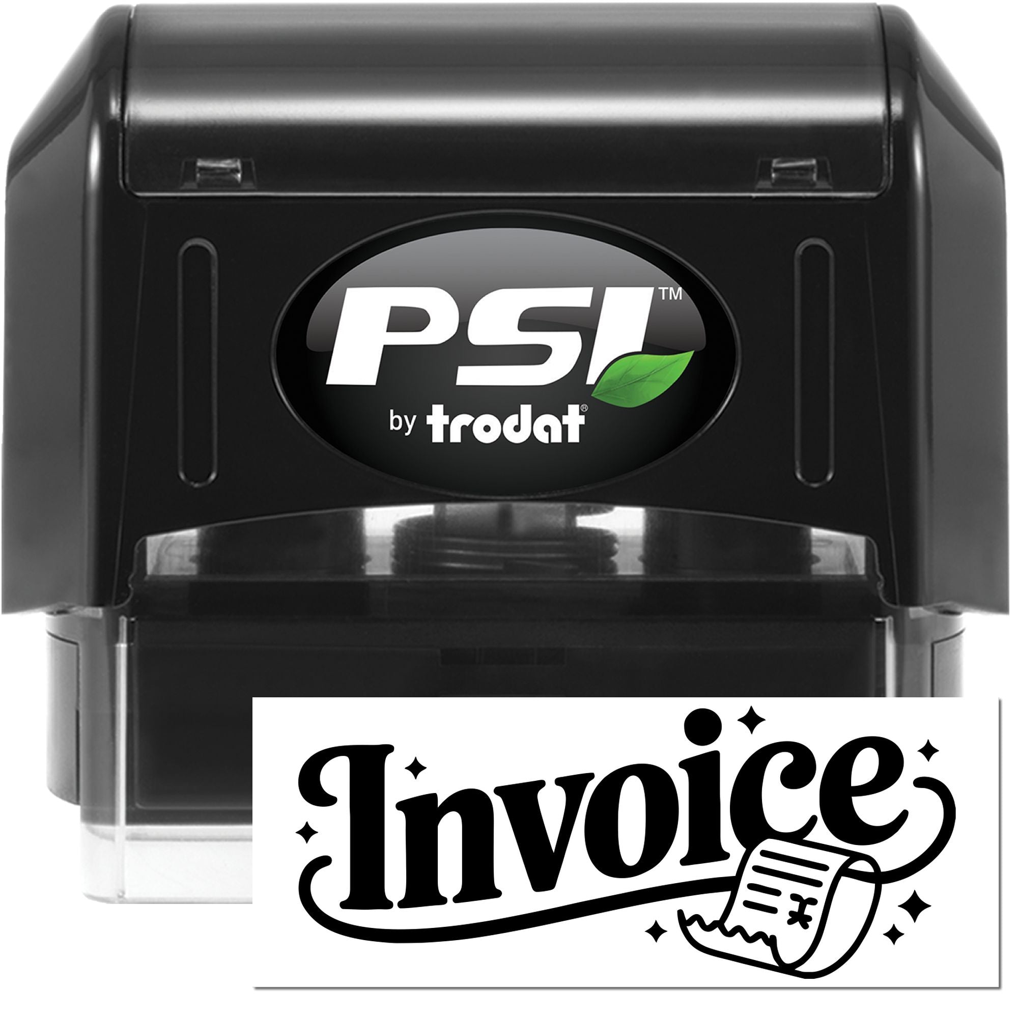 Black PSI by Trodat self-inking stamp and Invoice seal with clear mount and white insert.