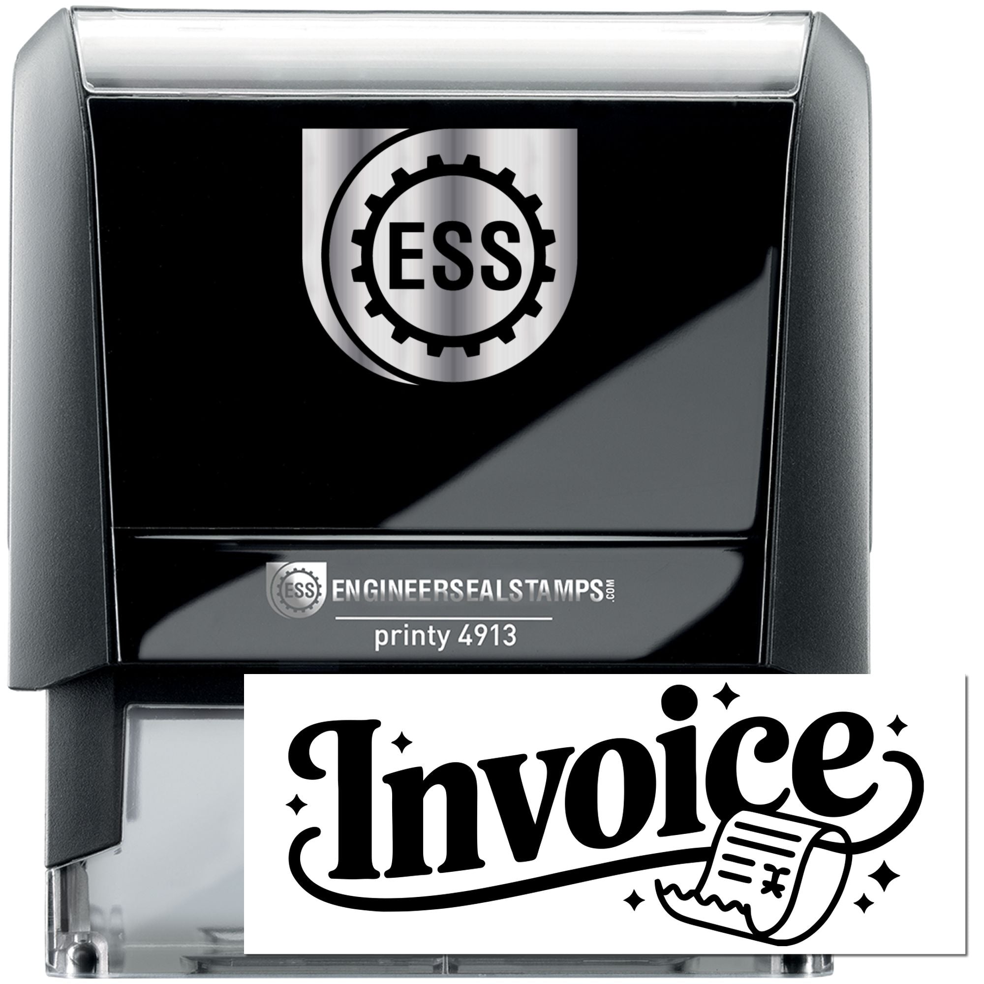 Black and silver engineer seal stamp with ESS logo, Invoice imprint, and glossy gray casing.