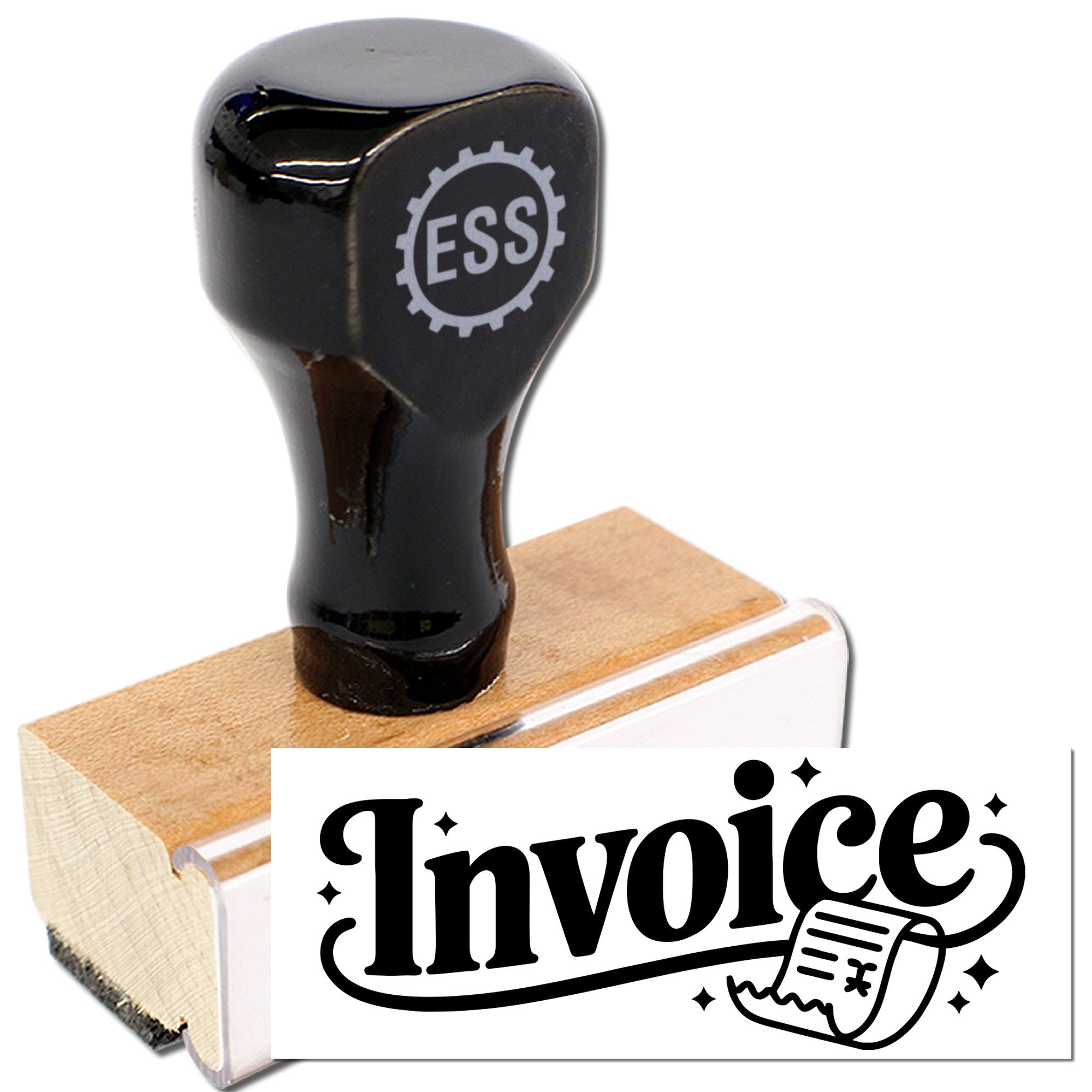 Black stamp and seal product with wooden handle, E55 logo, and invoice design on a white background.