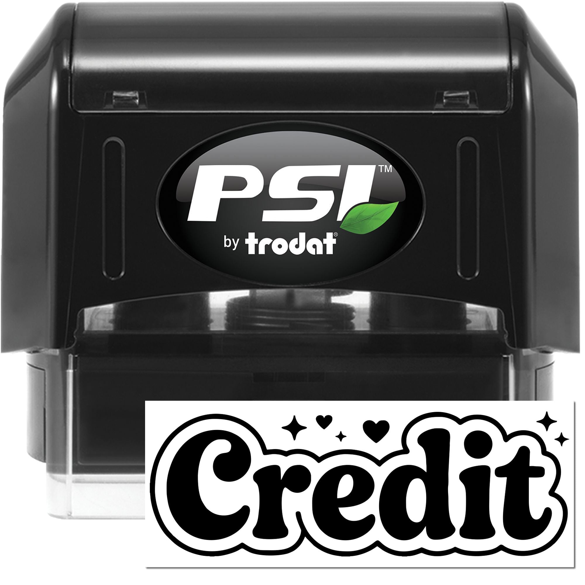 Black PSI by Trodat self-inking stamp and seal set with white logo, clear base, and bold black Credit imprint.