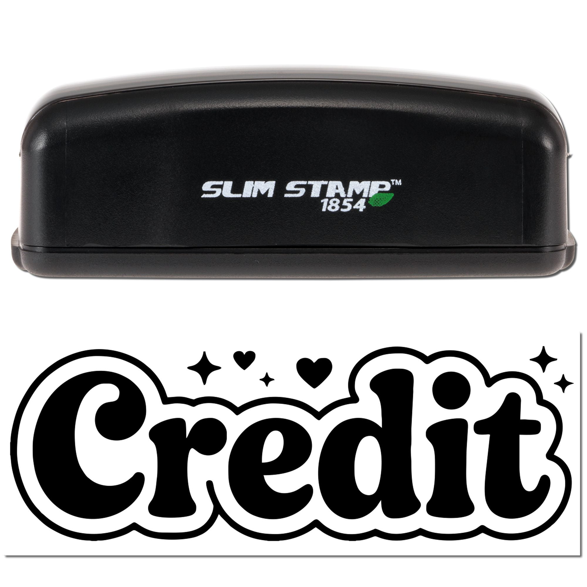 Black Slim Stamp 1854 self-inking stamp with bold black-and-white Credit seal, hearts, and sparkles.