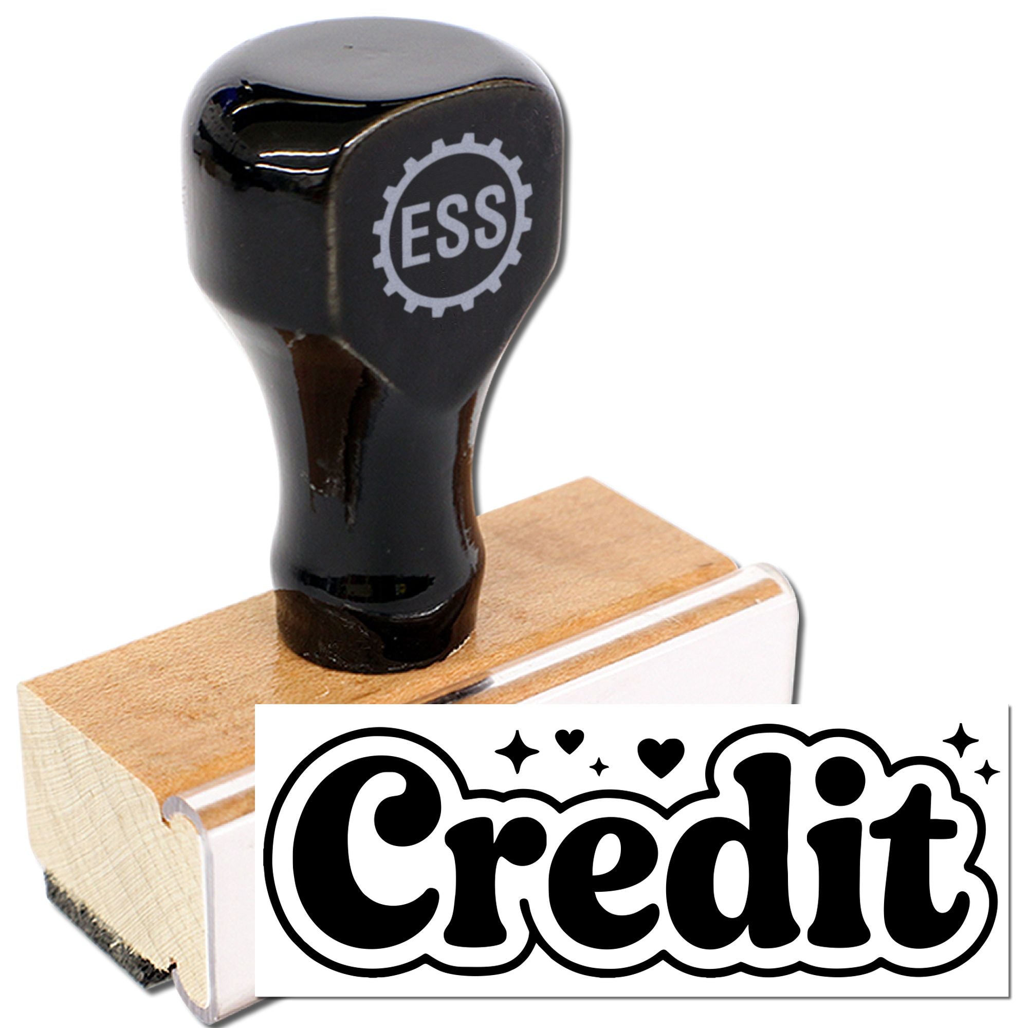 Black ESS stamp and seal with wooden base and bold black-and-white Credit imprint design.