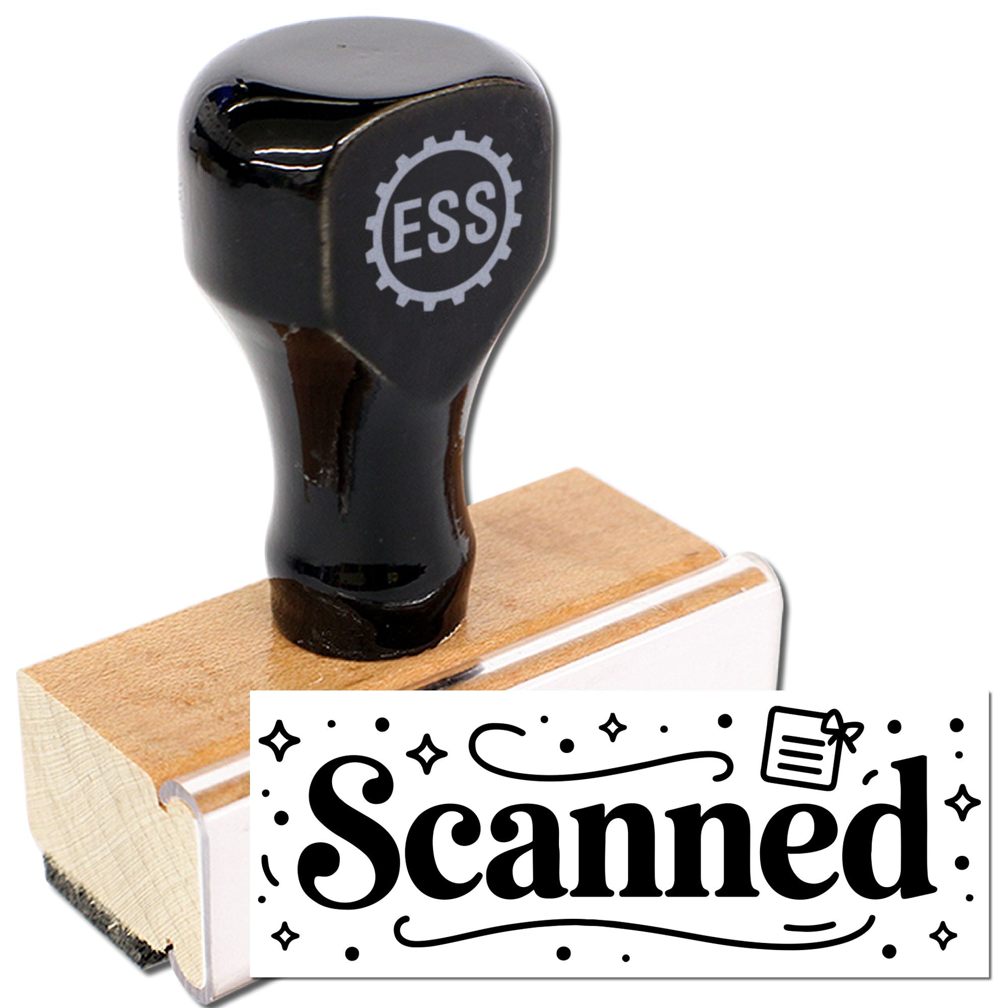 Glossy black ESS stamp on wooden block, with white Scanned seal graphic
