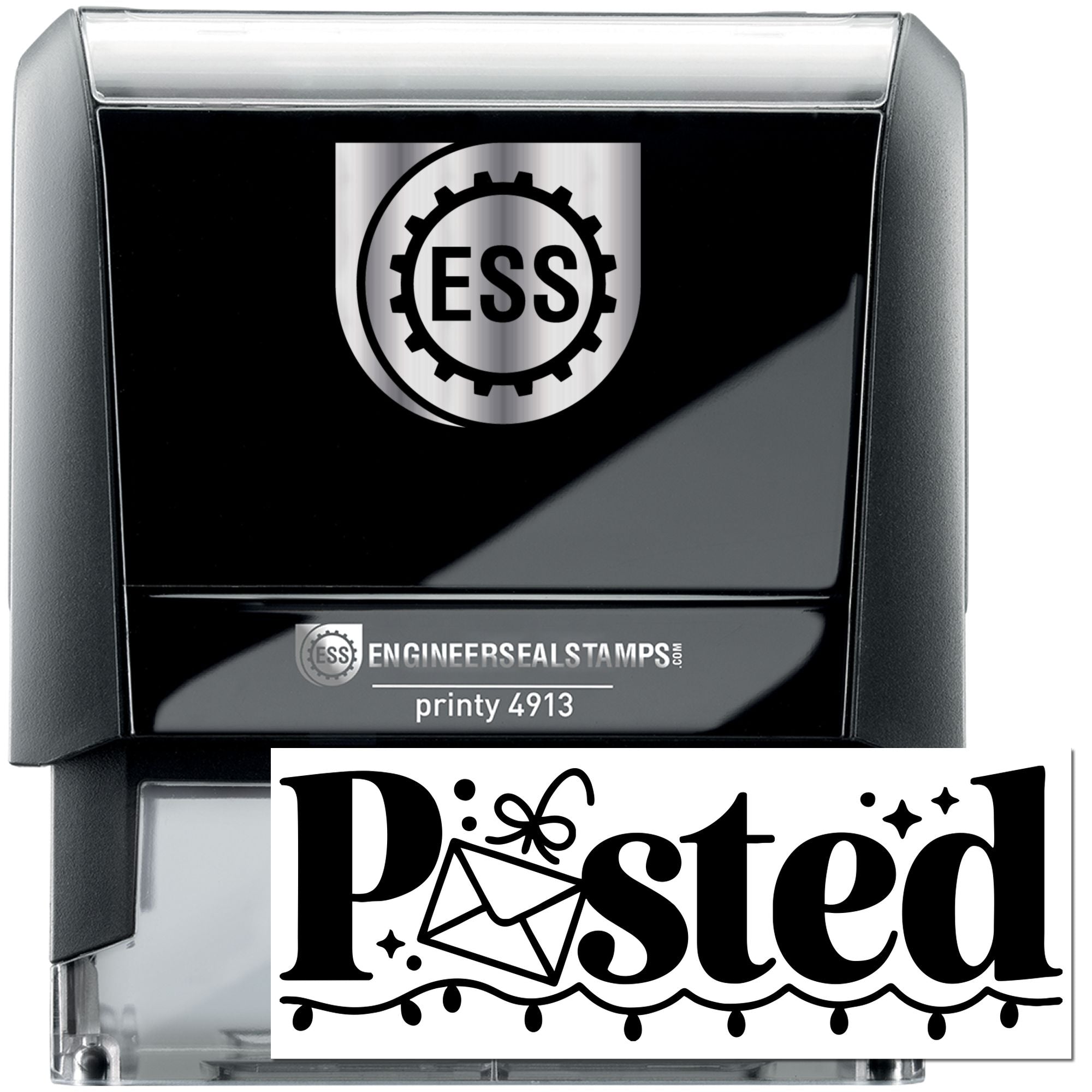 Black and gray ESS self-inking stamp and seal with embossed logo and decorative Posted stamp impression.
