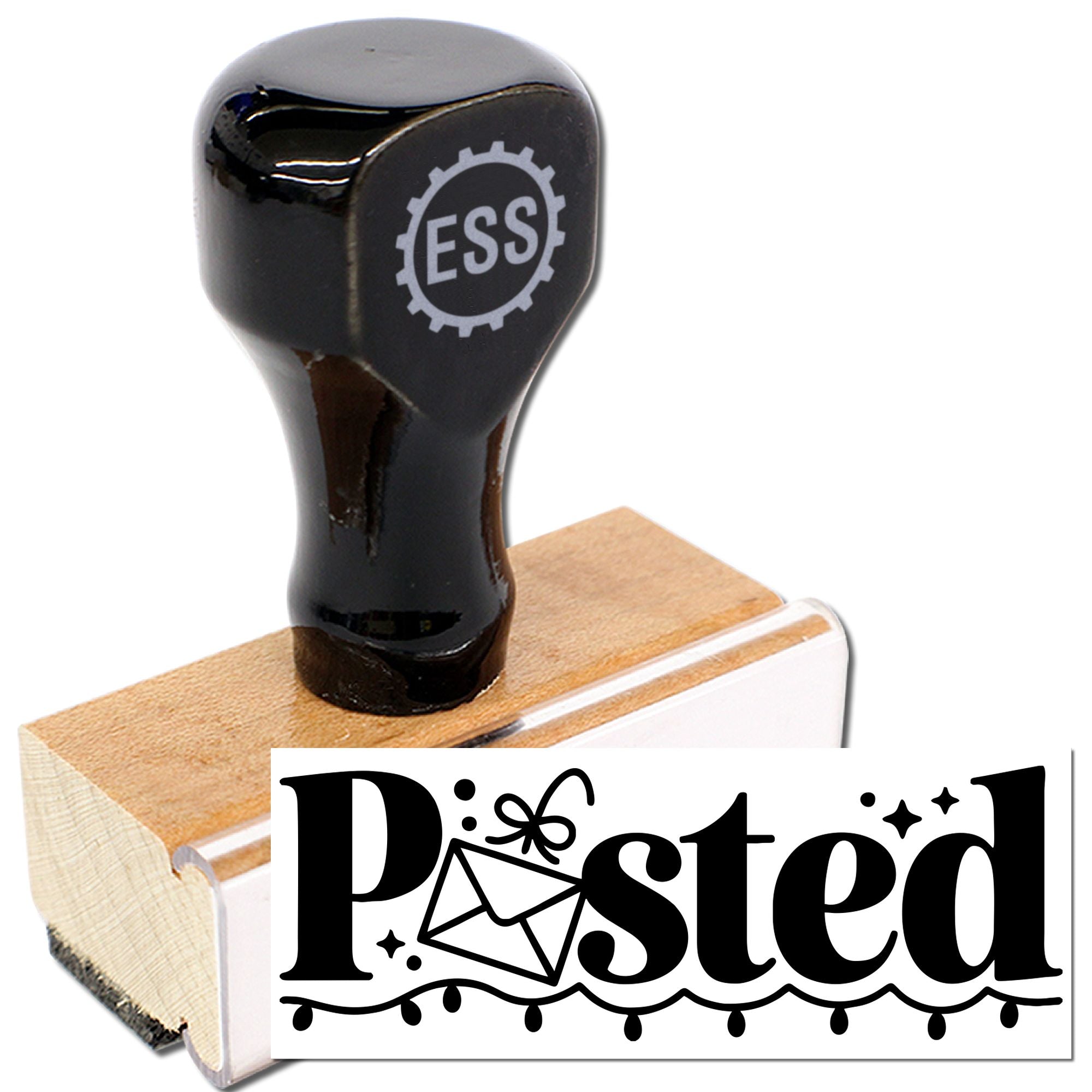 Black rubber stamp with ESS logo on wooden block, showing a bold Posted seal design in black and tan.