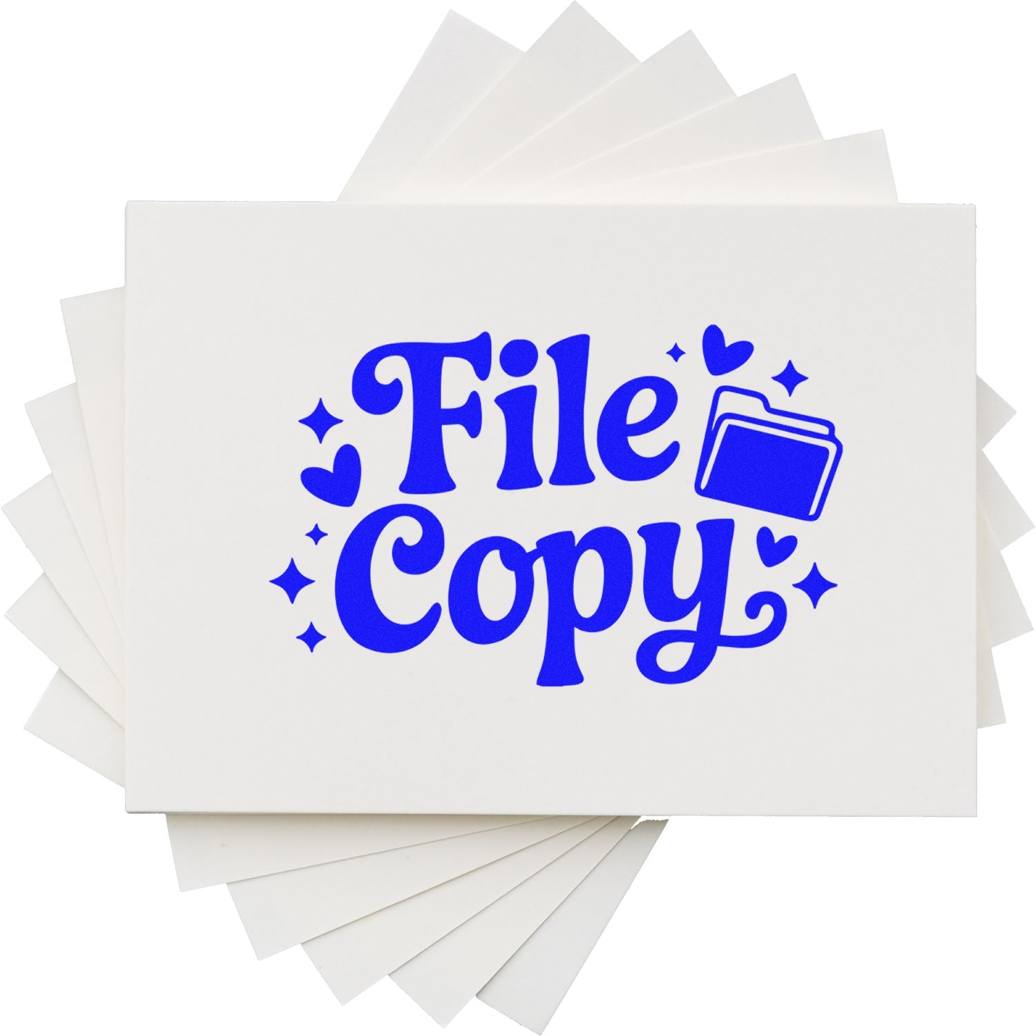 White stamp and seal cards with bold blue File Copy text, folder icon, hearts, and sparkles on a clean white background.