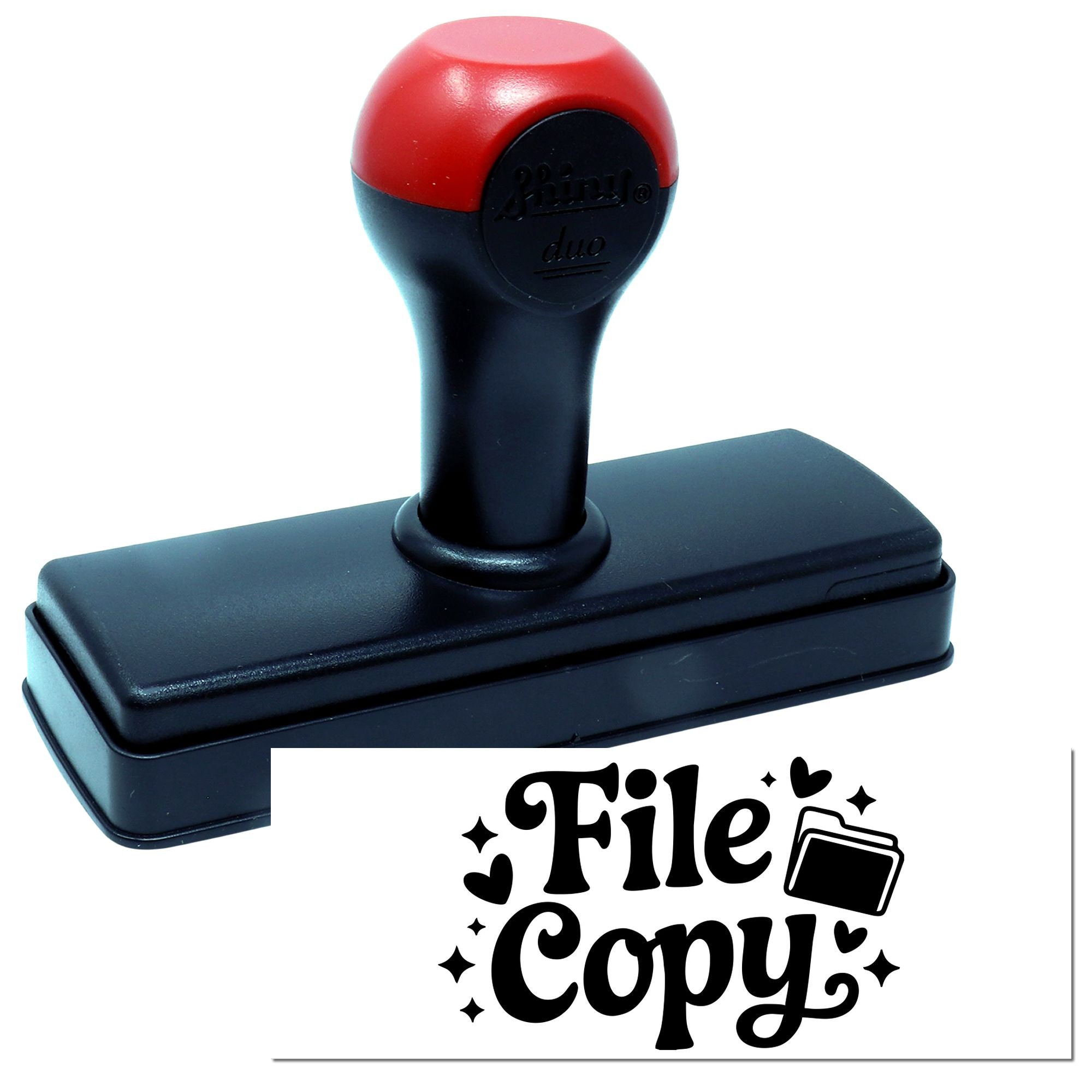 Red and black self-inking file copy stamp with rectangular base and bold black seal impression.