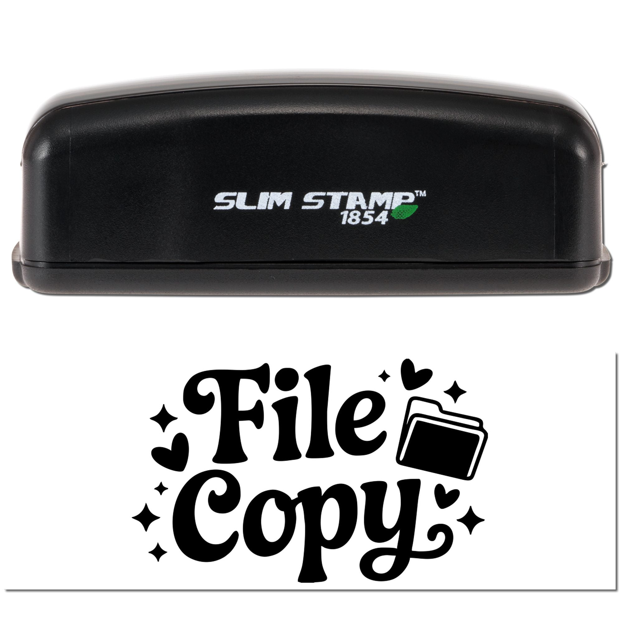 Black Slim Stamp 1854 self-inking stamp and File Copy seal with folder icon on white background.