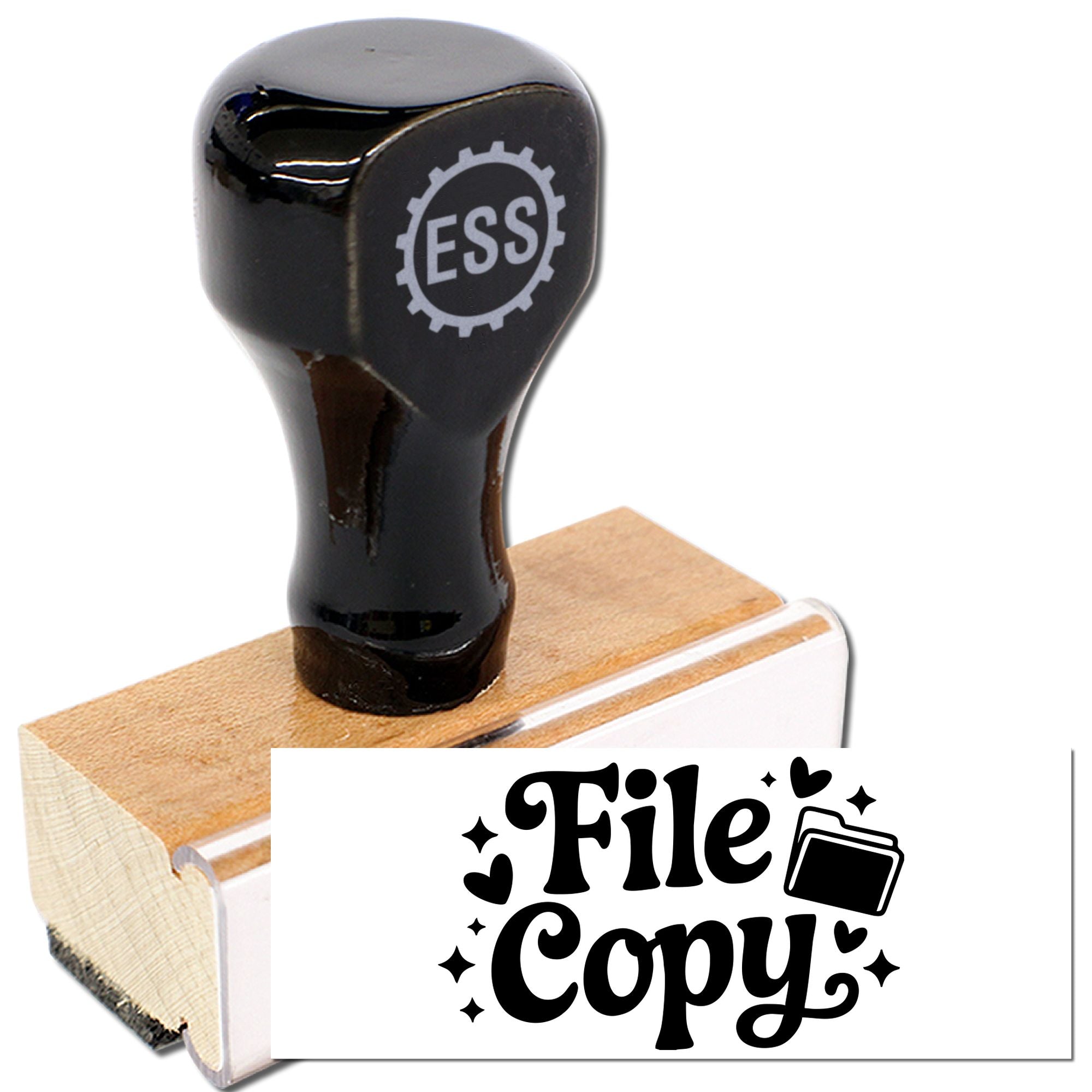 Black rubber file copy stamp and seal on wooden base with ESS logo and white File Copy print design