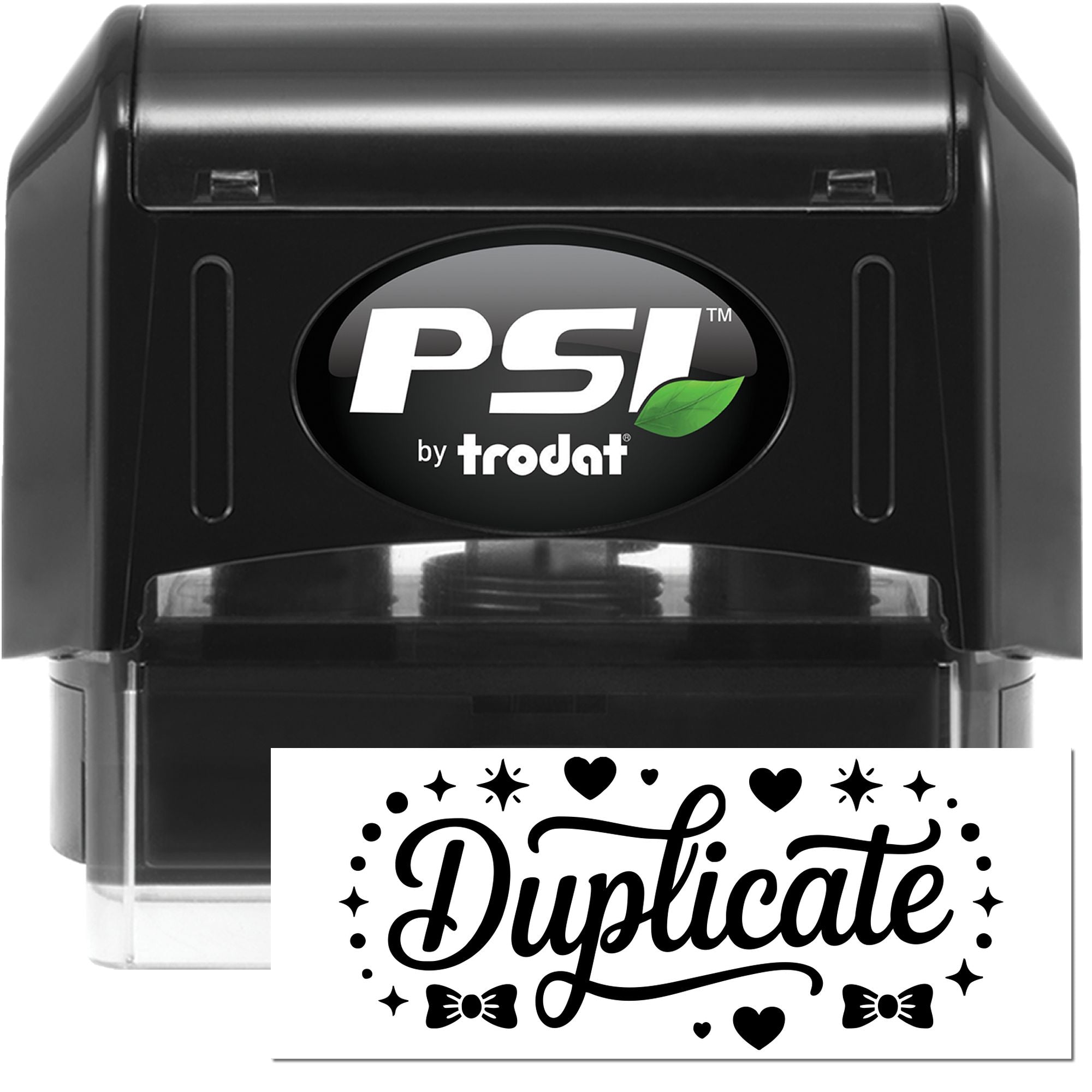 Black PSI by Trodat self-inking stamp with white Duplicate seal card, featuring hearts, sparkles and bows.