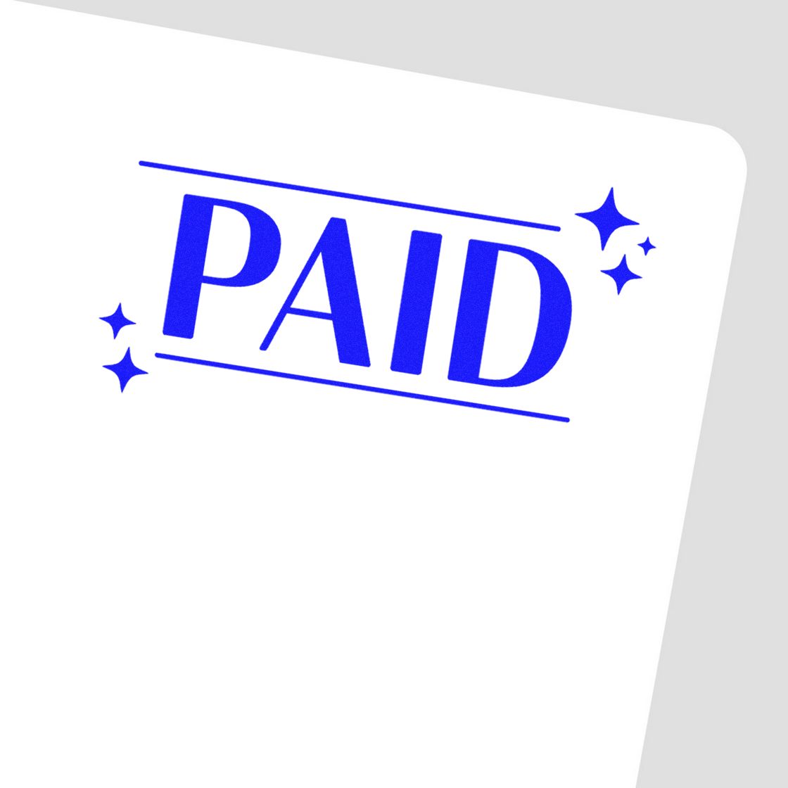 Blue PAID stamp seal with sparkles on white paper