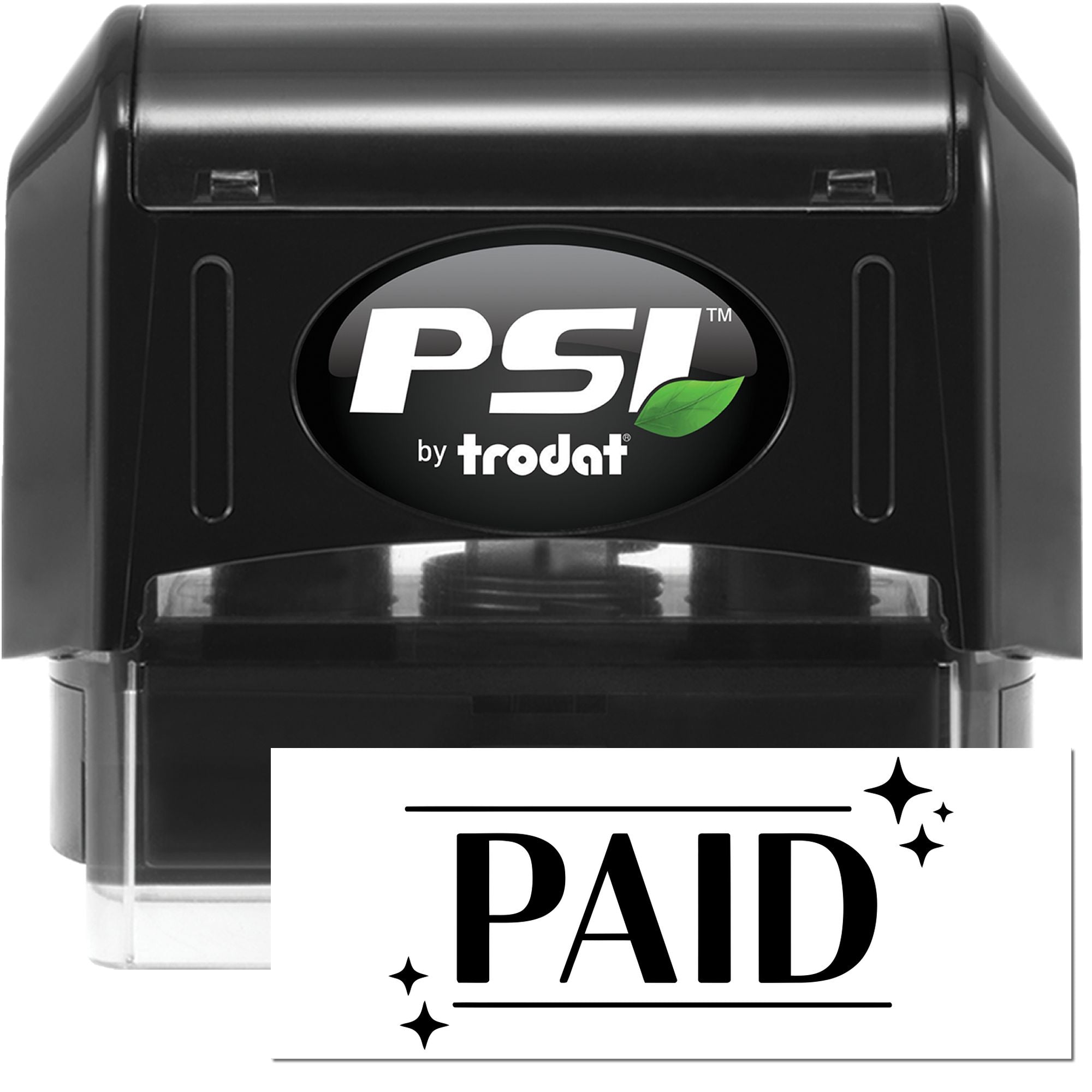 Black PSI by Trodat self-inking stamp with green leaf logo above a white PAID seal.