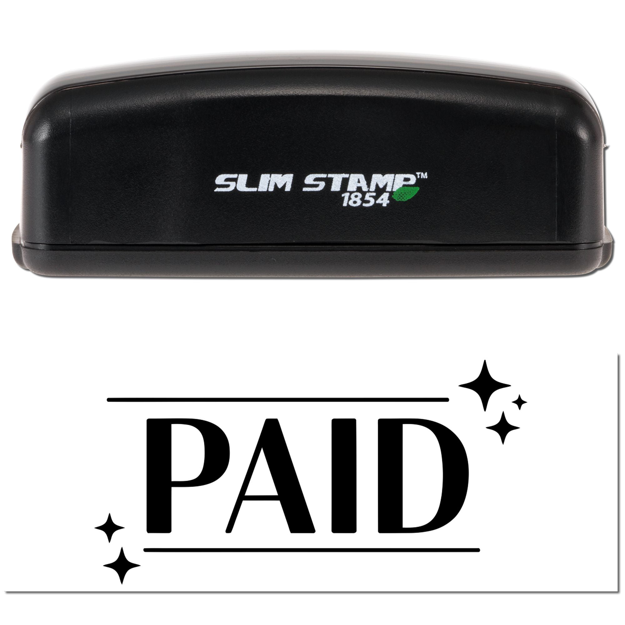 Black Slim Stamp 1854 self-inking stamp above a bold PAID seal with sparkles on a white background.