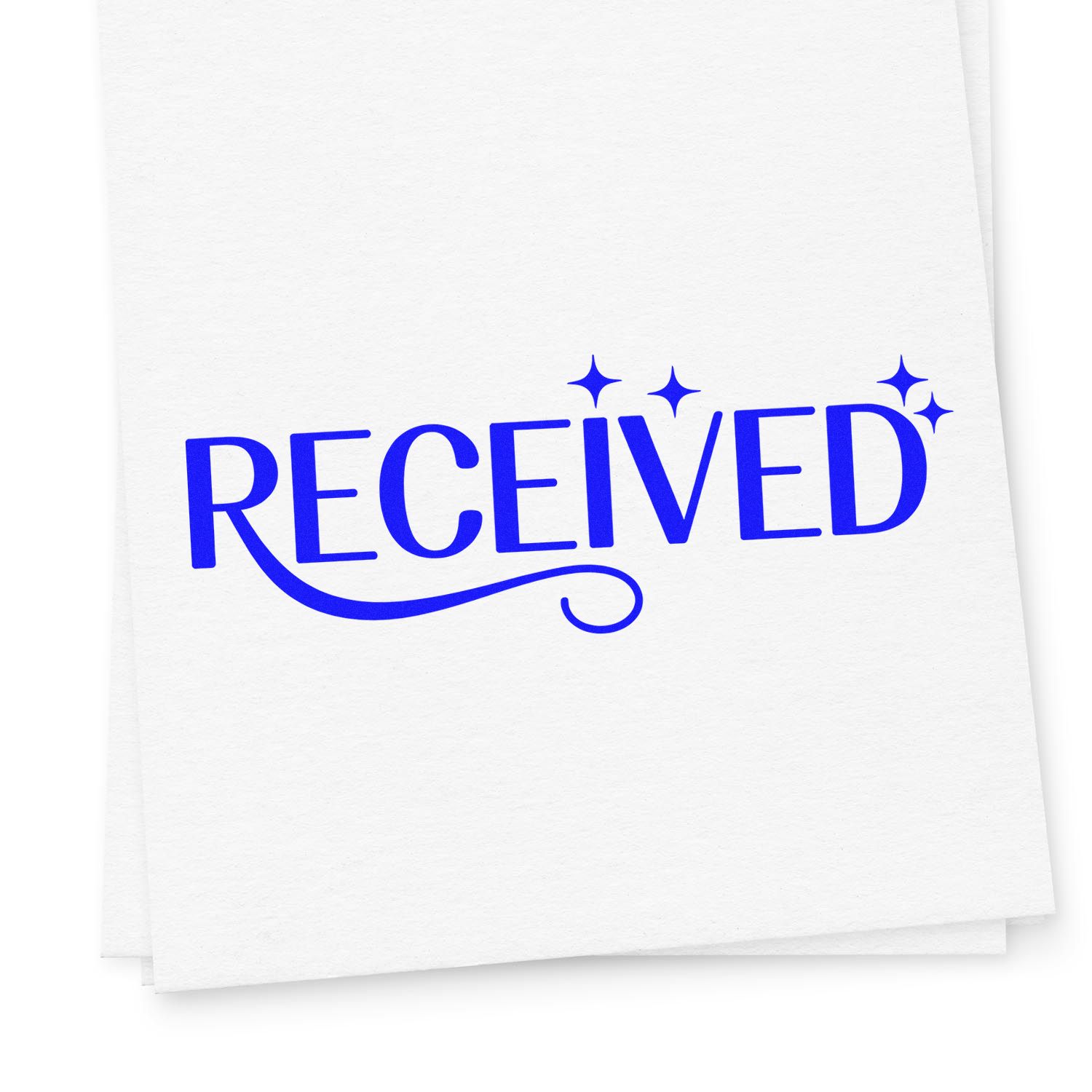 Blue RECEIVED rubber stamp with sparkles on white paper, stamp and seal product.