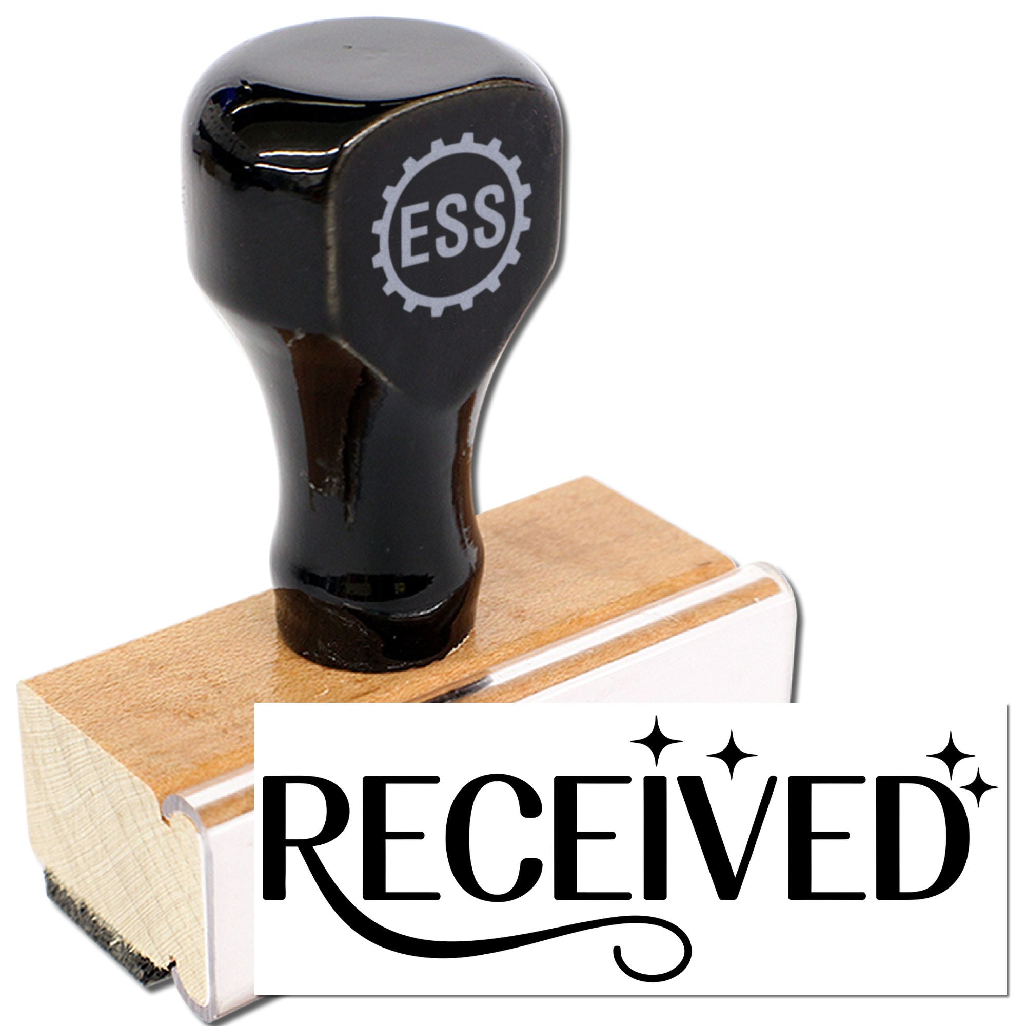Black received rubber stamp with ESS gear logo on a wooden seal base