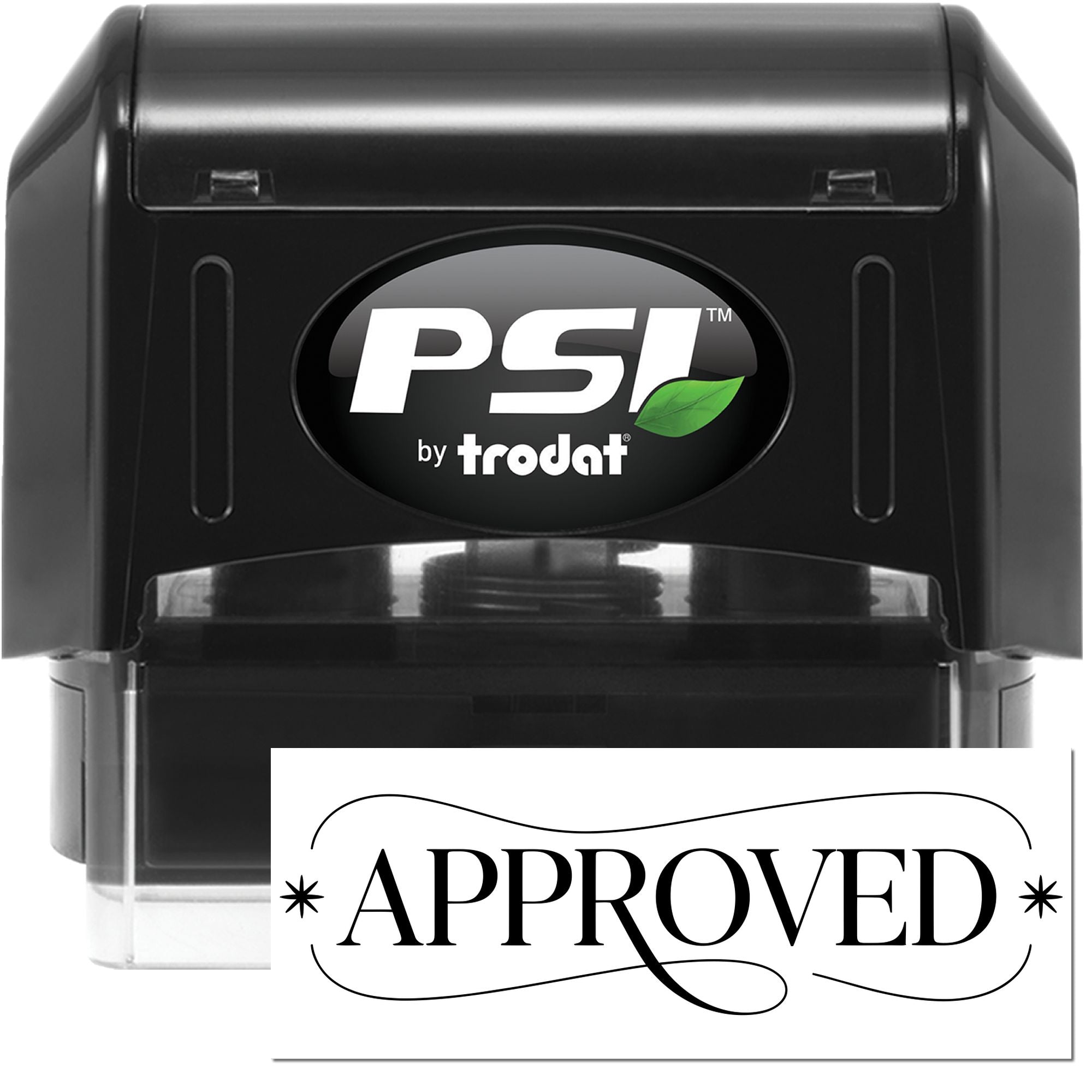 Black PSI by Trodat self-inking stamp with green leaf logo and white Approved seal impression.