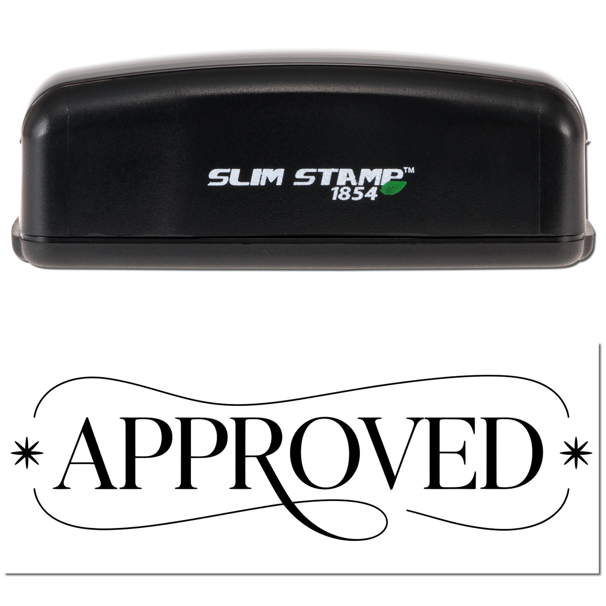 Black Slim Stamp 1854 self-inking stamp with bold APPROVED seal on white background.