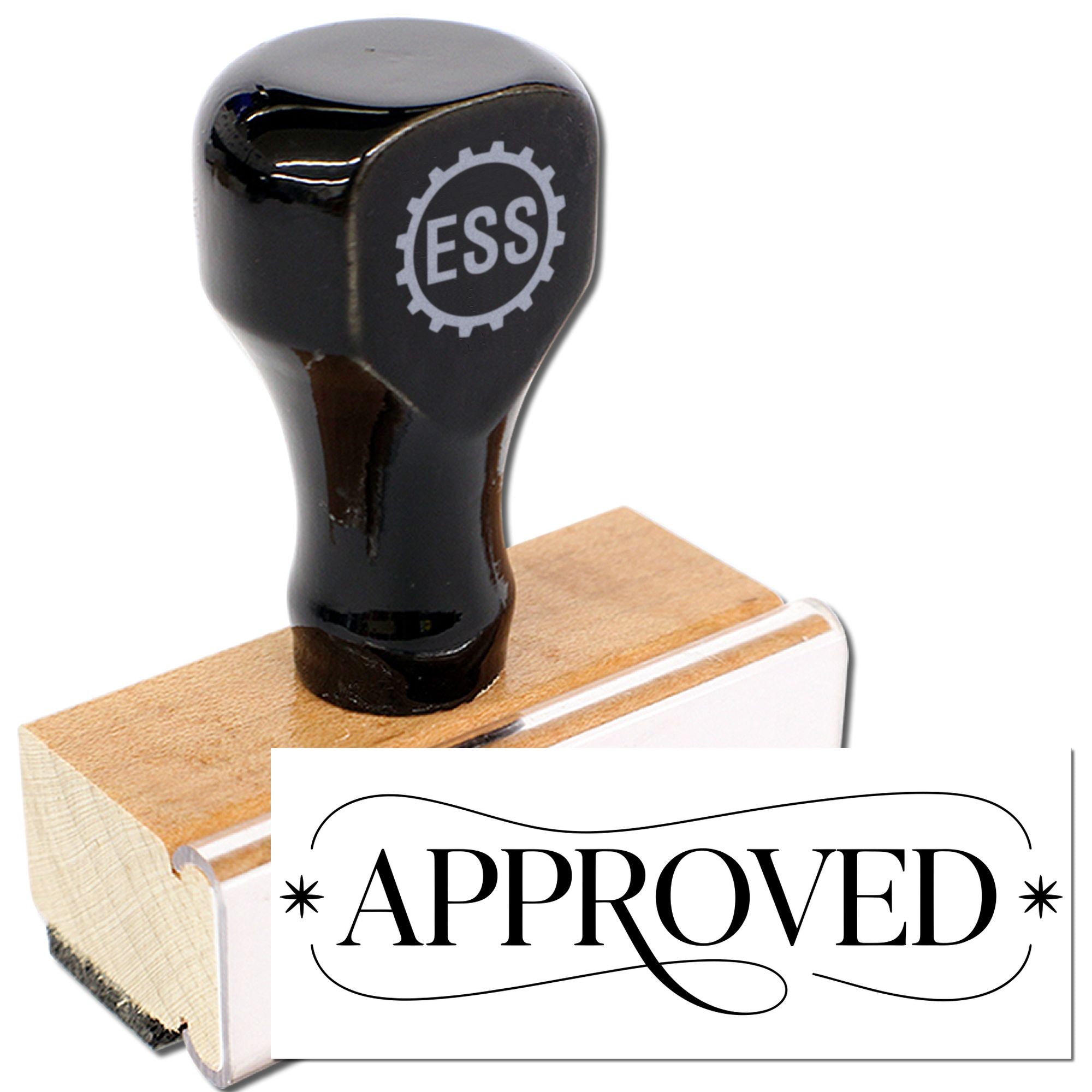 Black ESS stamp handle on a wooden block with a white APPROVED seal impression card.