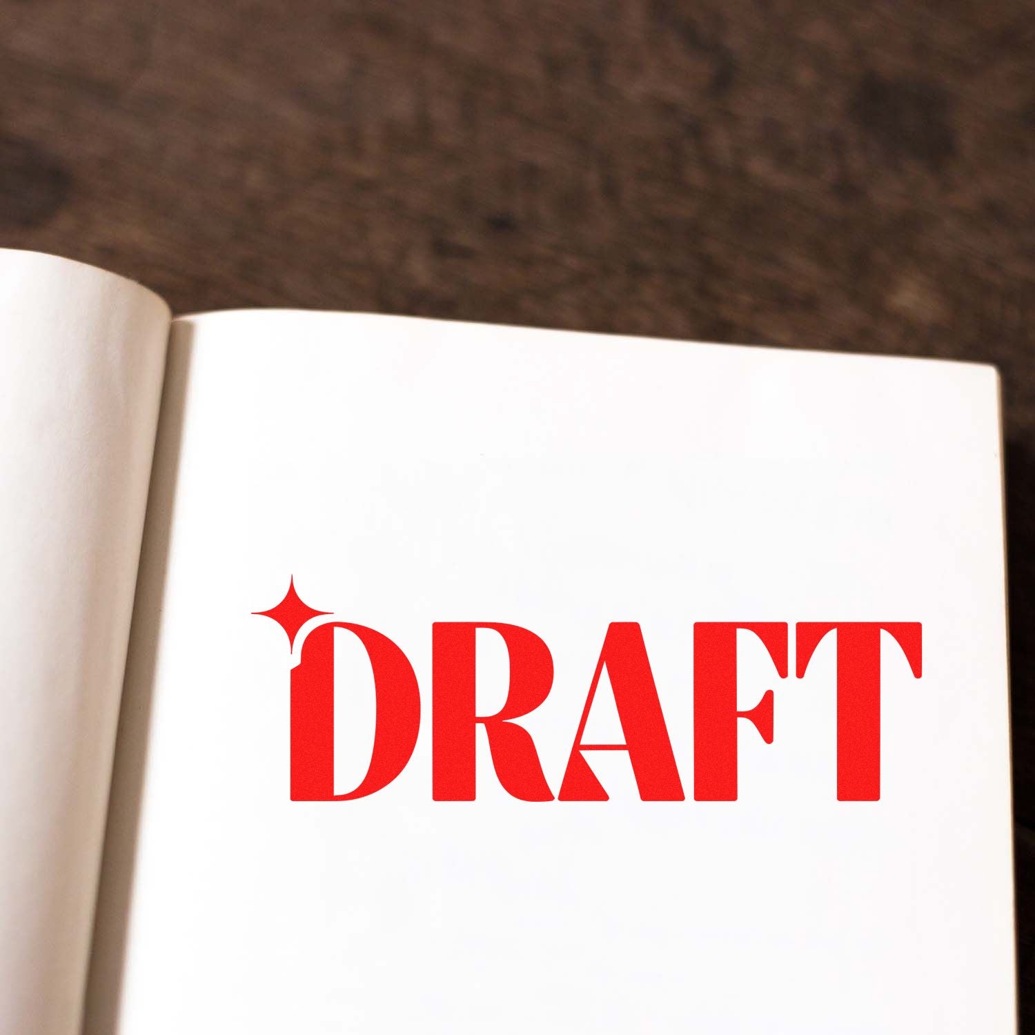 Red DRAFT stamp on white paper in an open booklet, stamp and seal product sample.