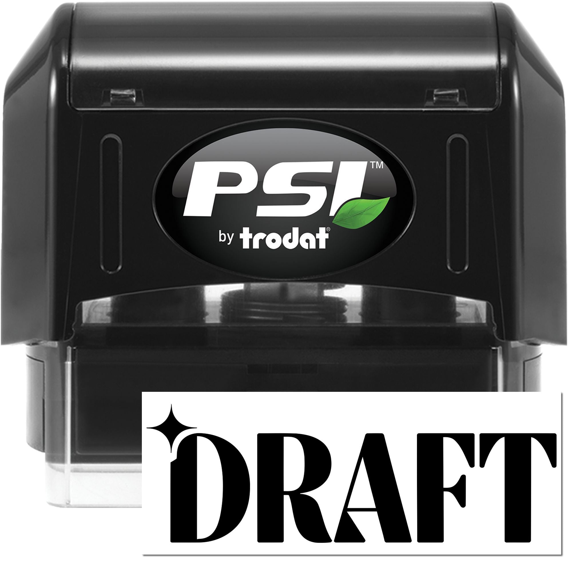 Black PSI by Trodat self-inking stamp and DRAFT seal card with green leaf logo