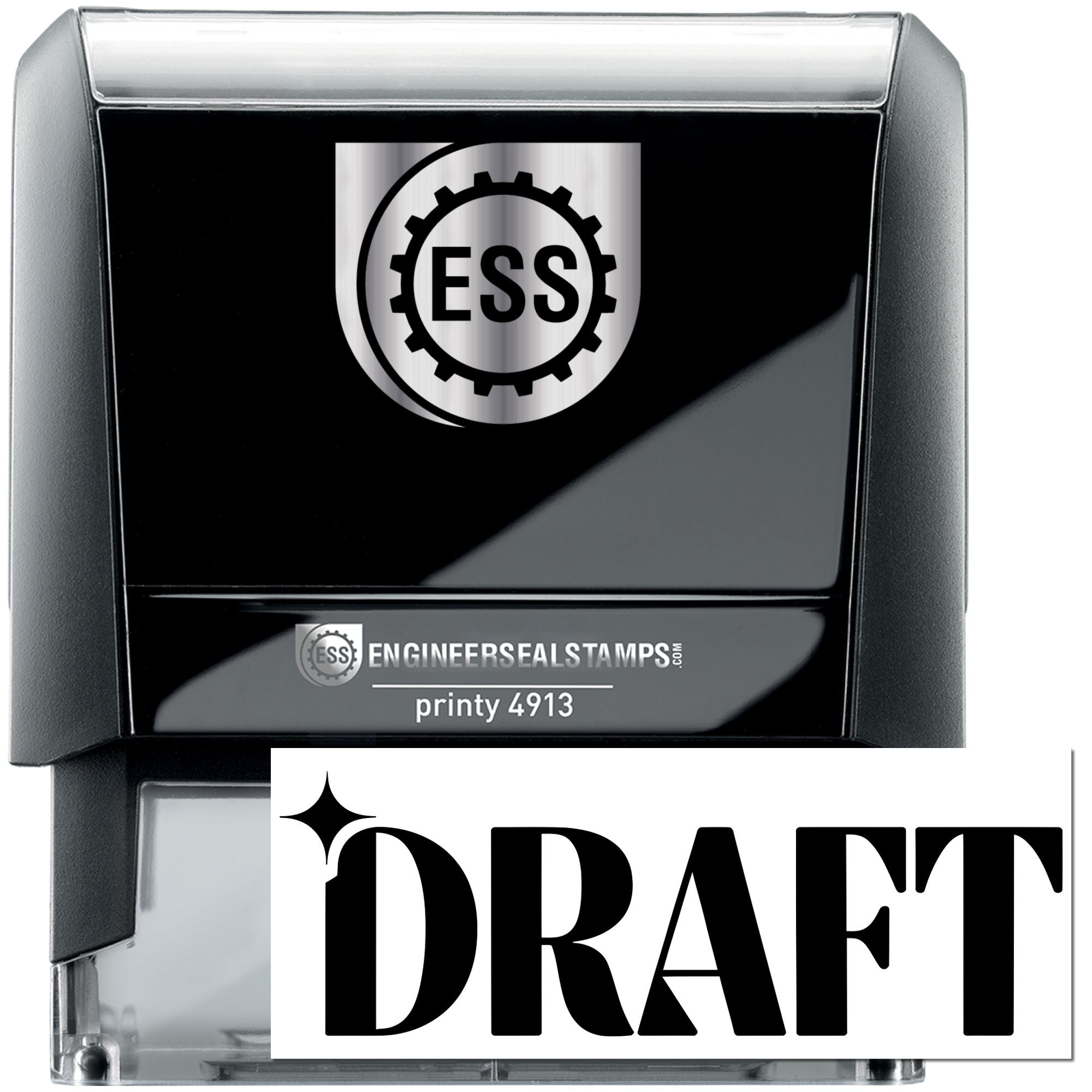 Black and gray ESS self-inking draft stamp and seal, printy 4913, with silver gear logo and bold DRAFT text